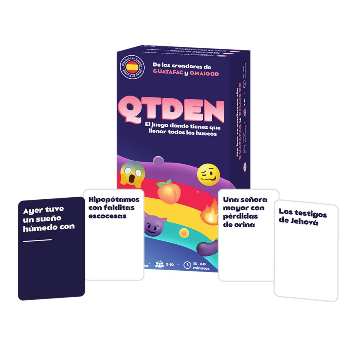 Caja de juego con gráficos de dibujos animados, texto en español y varias tarjetas.