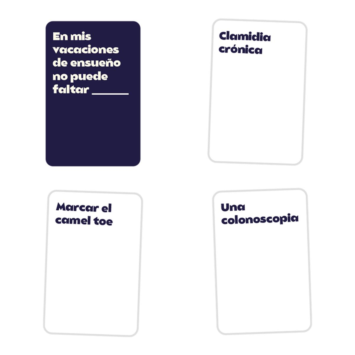 Cuatro tarjetas con texto en español: Vacaciones, clamidia crónica, camel toe y colonoscopia.