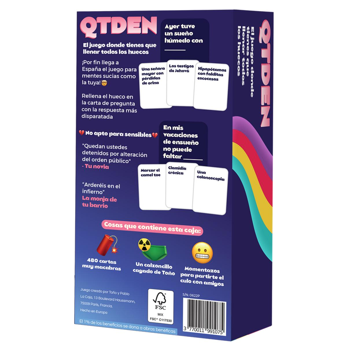 Una caja de juego con texto e imágenes. La caja es mayormente azul oscuro con elementos de diseño coloridos.