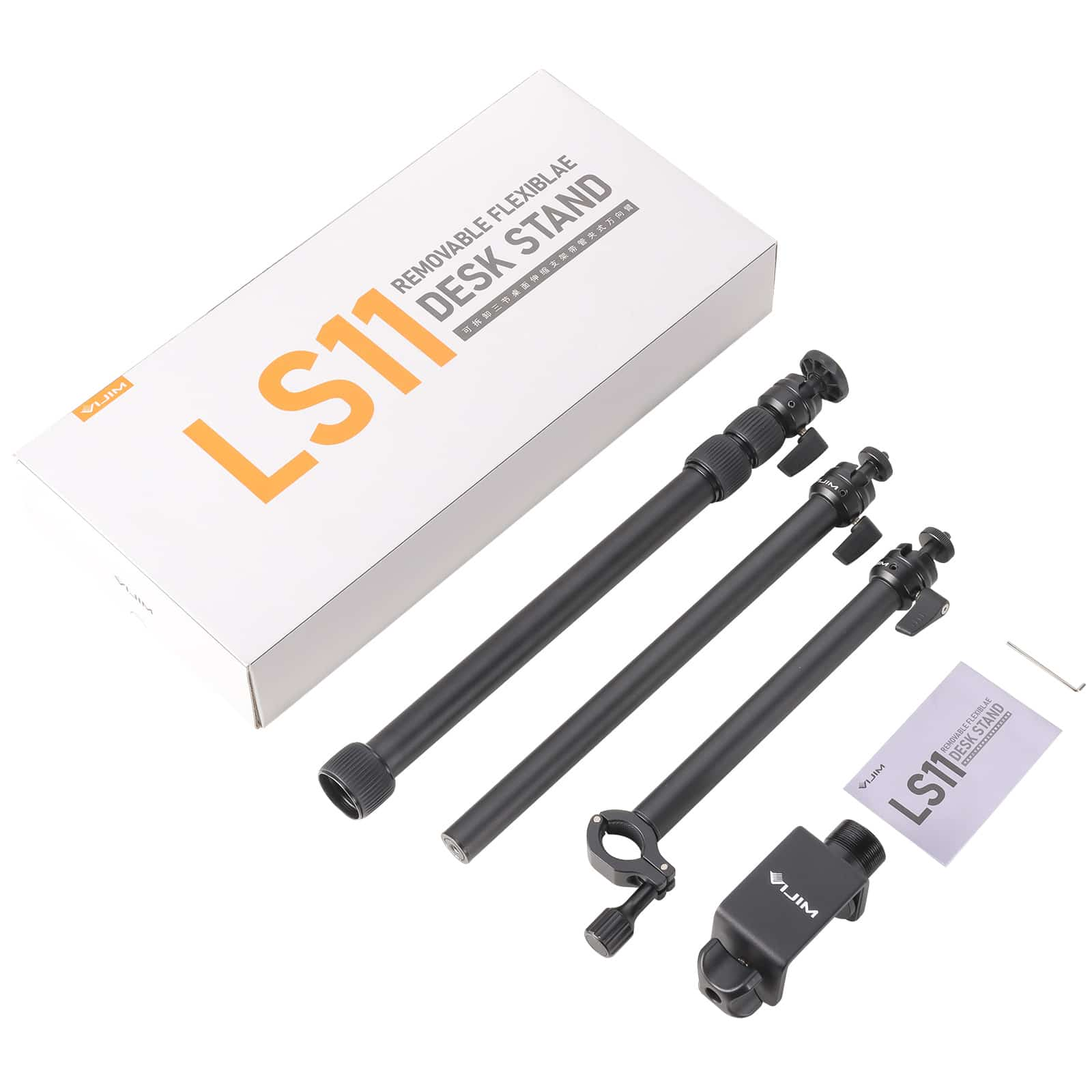 Black metal desk stand kit with three poles, a clamp, and a base. Everything is on white.
