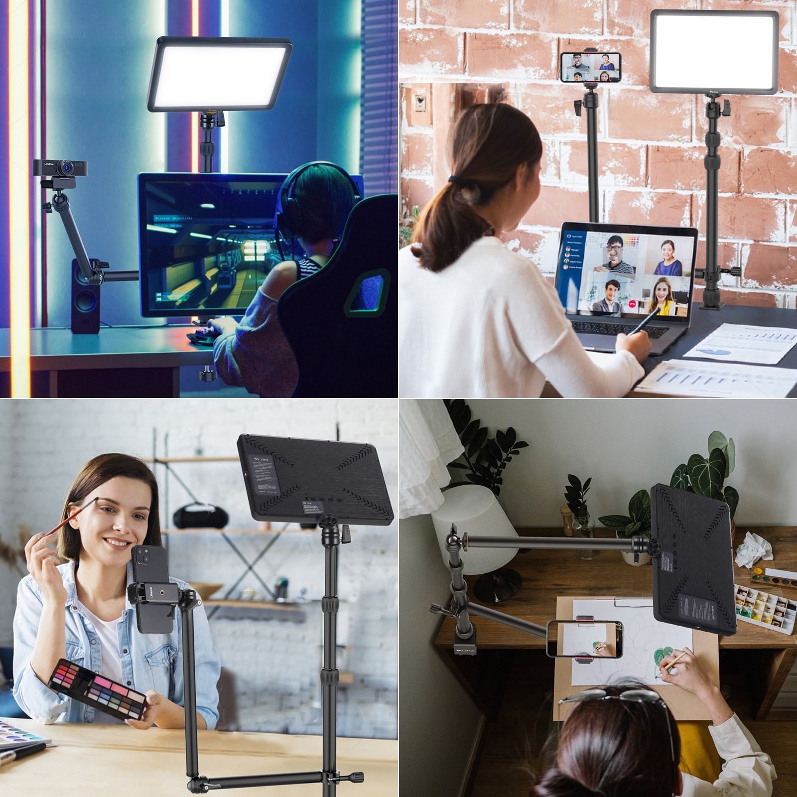 Four images showing people using ring lights for different activities: gaming, video calls, makeup, and drawing.
