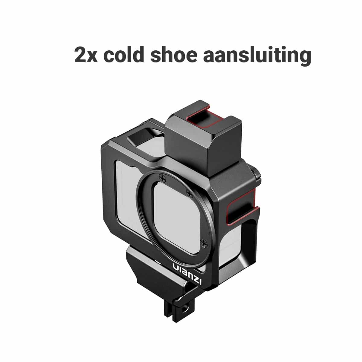 Zwarte camerakooi met rode accenten, ontworpen voor GoPro, op witte achtergrond.