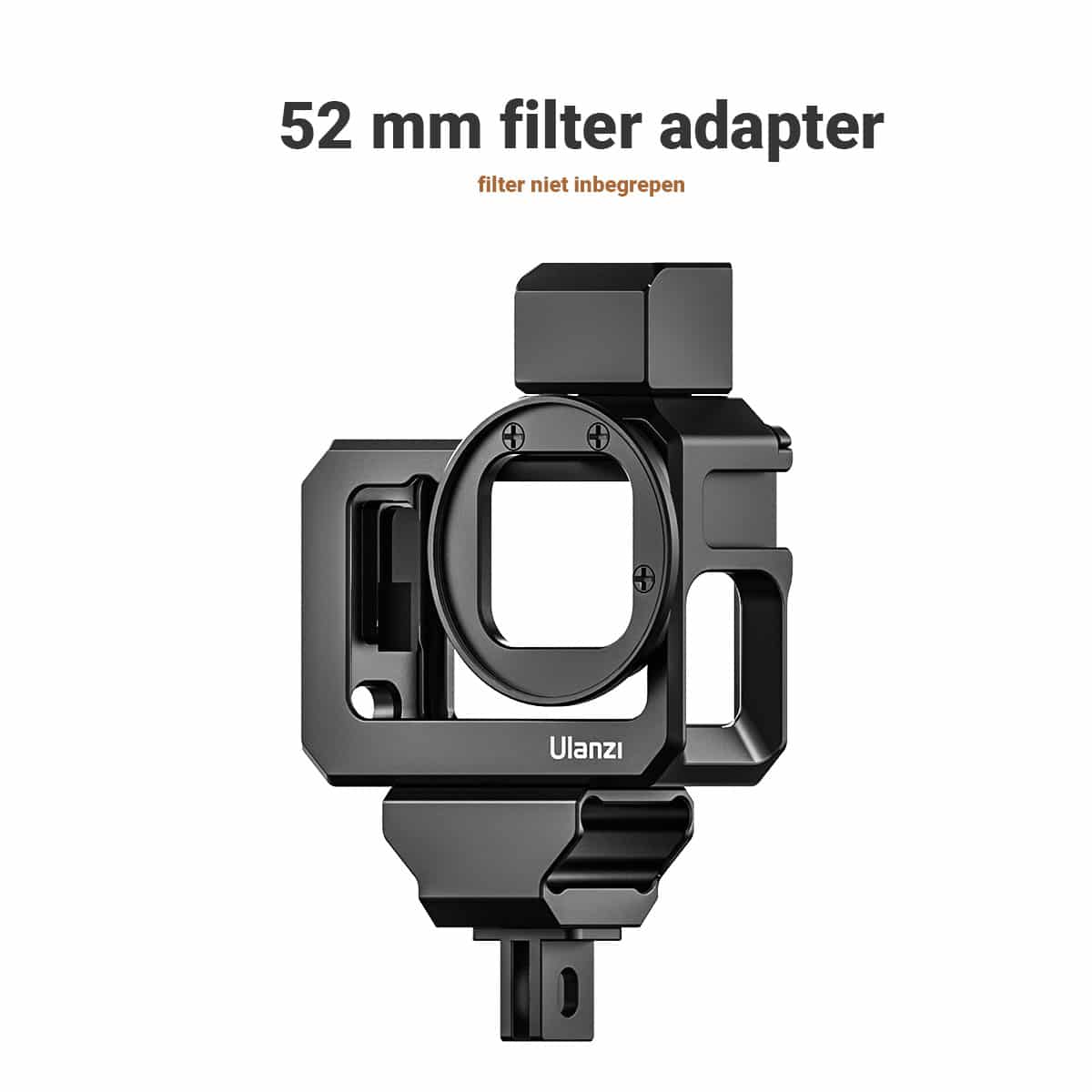 Zwarte 52mm filteradapter met tekst erboven tegen een witte achtergrond.