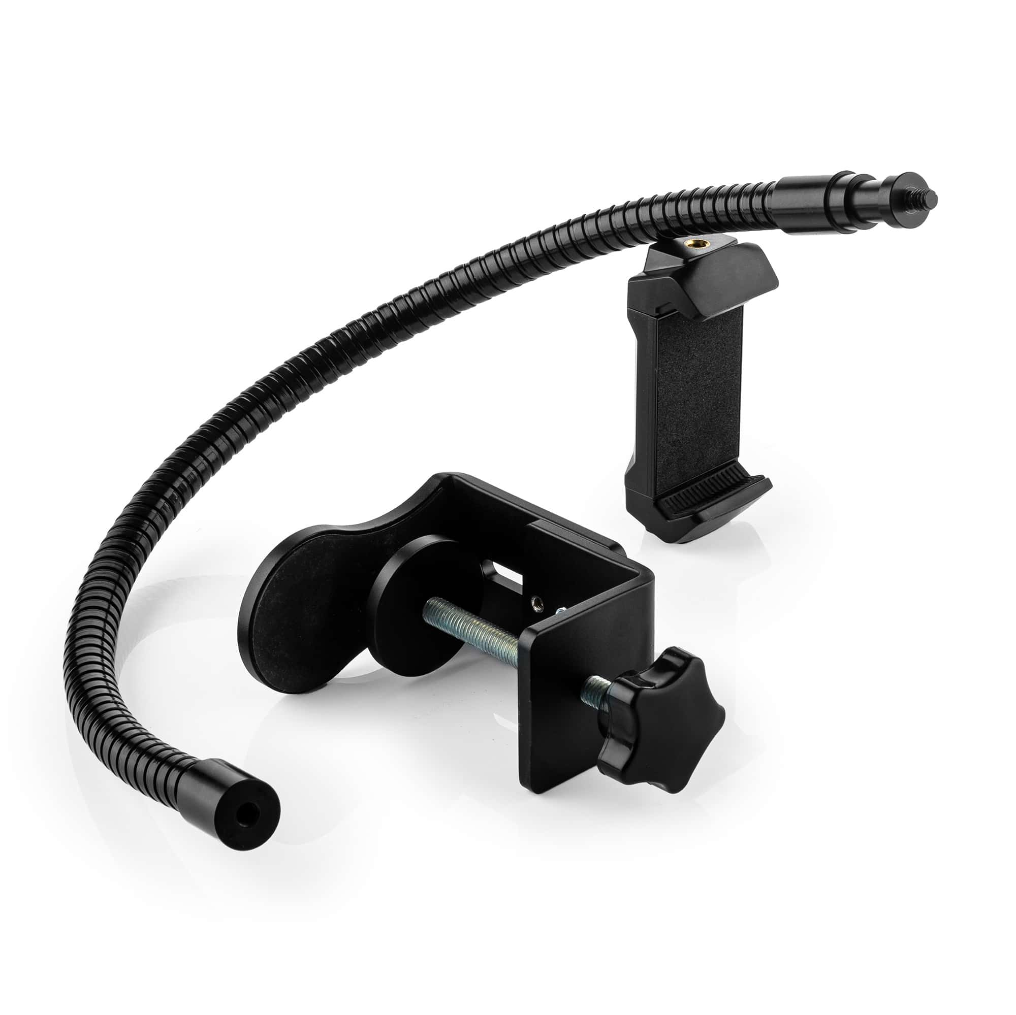 Flexibele telefoonhouder met klem en zwanenhals, zwart.