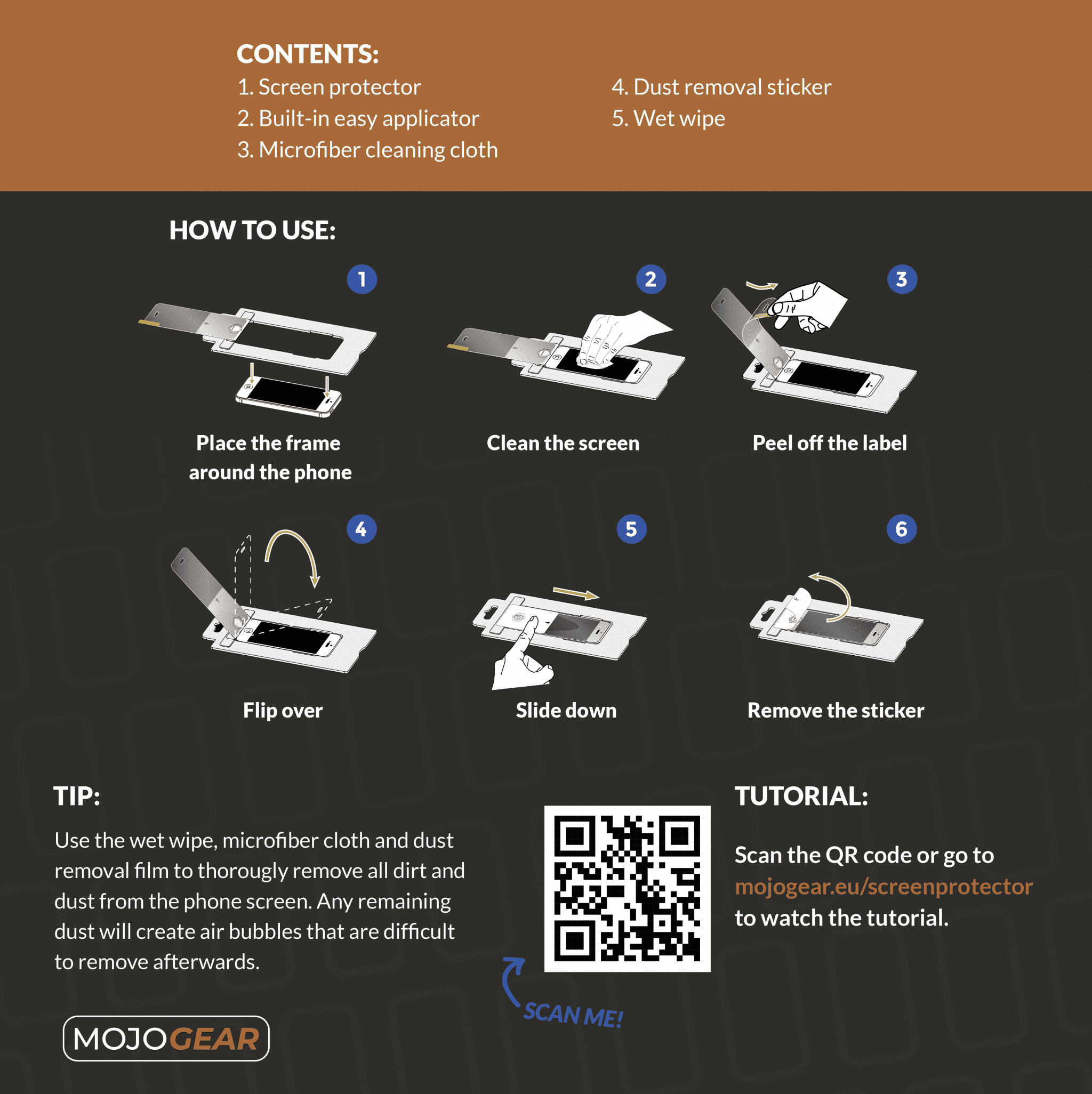 Instructions on how to apply a screen protector to a phone, with various tools and diagrams.