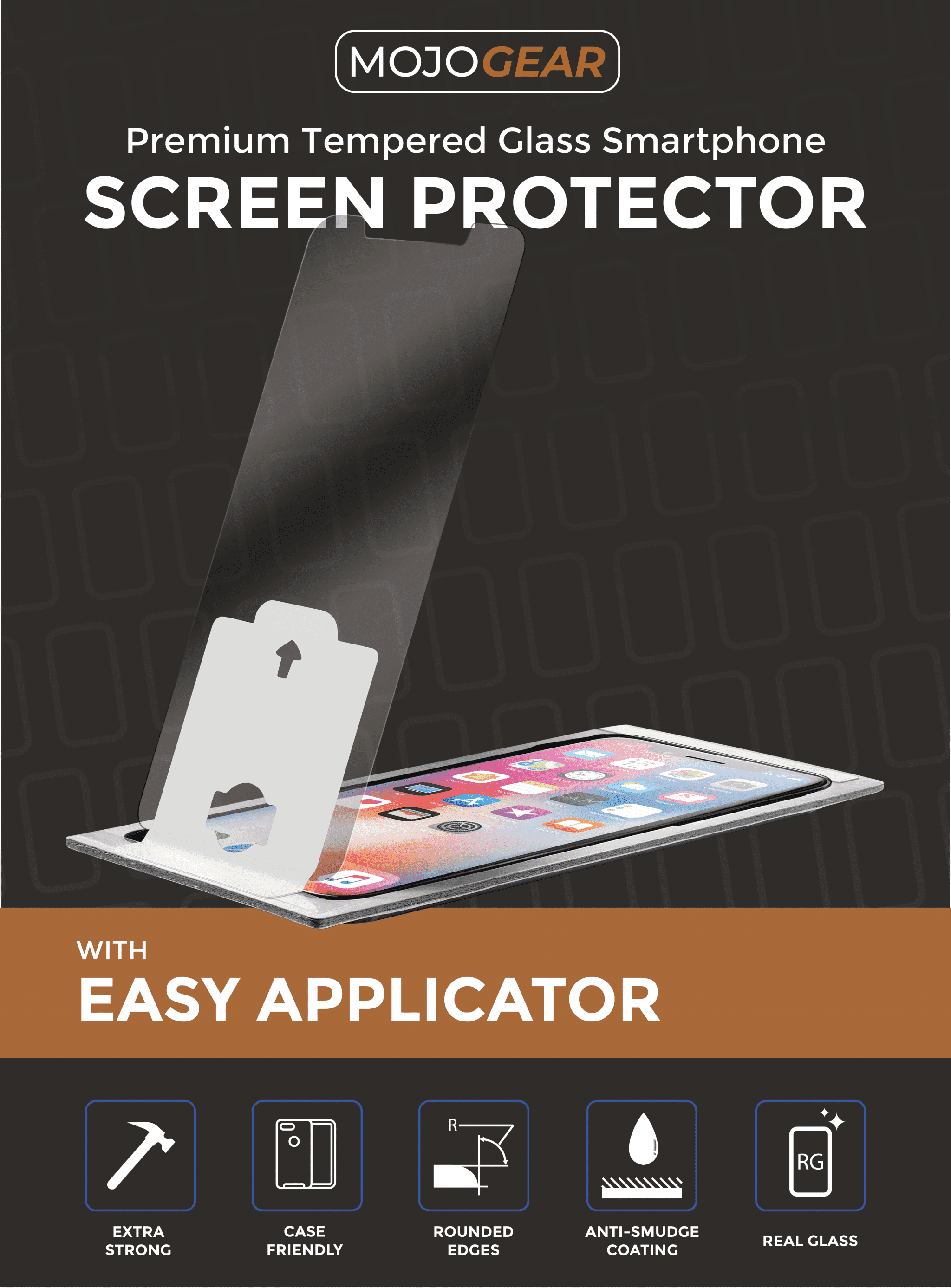 Display met een schermbeschermer en een eenvoudige applicator. Tekst zegt Premium Tempered Glass Screen Protector.