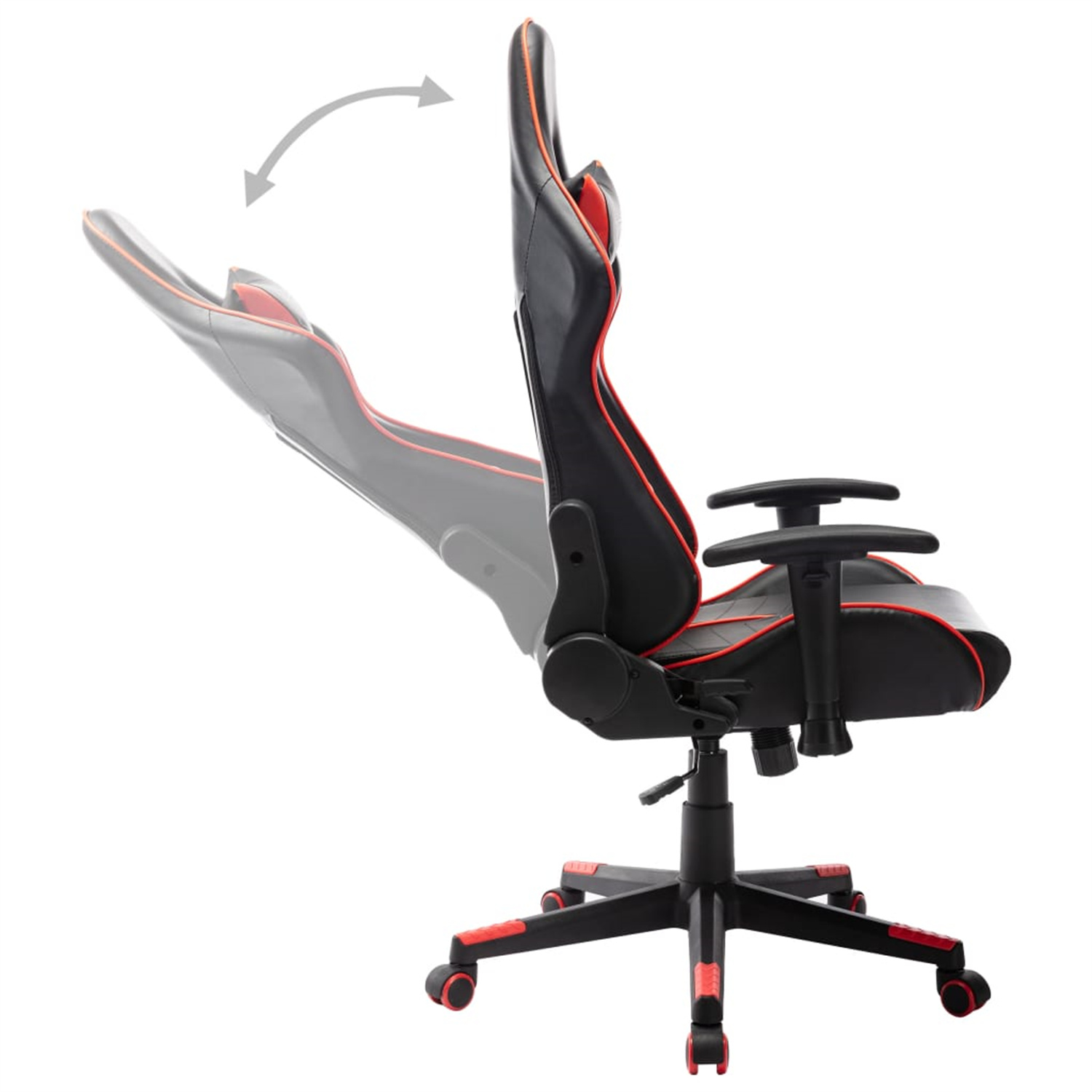 Gaming-Stuhl mit schwarz-rotem Design, Seitenansicht. Der Stuhl ist zurückgelehnt.