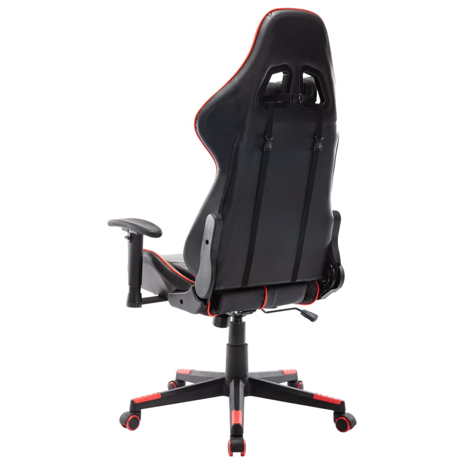 Rückansicht eines schwarzen Gaming-Stuhls mit roten Zierleisten. Er hat eine hohe Rückenlehne und ist auf Rädern.
