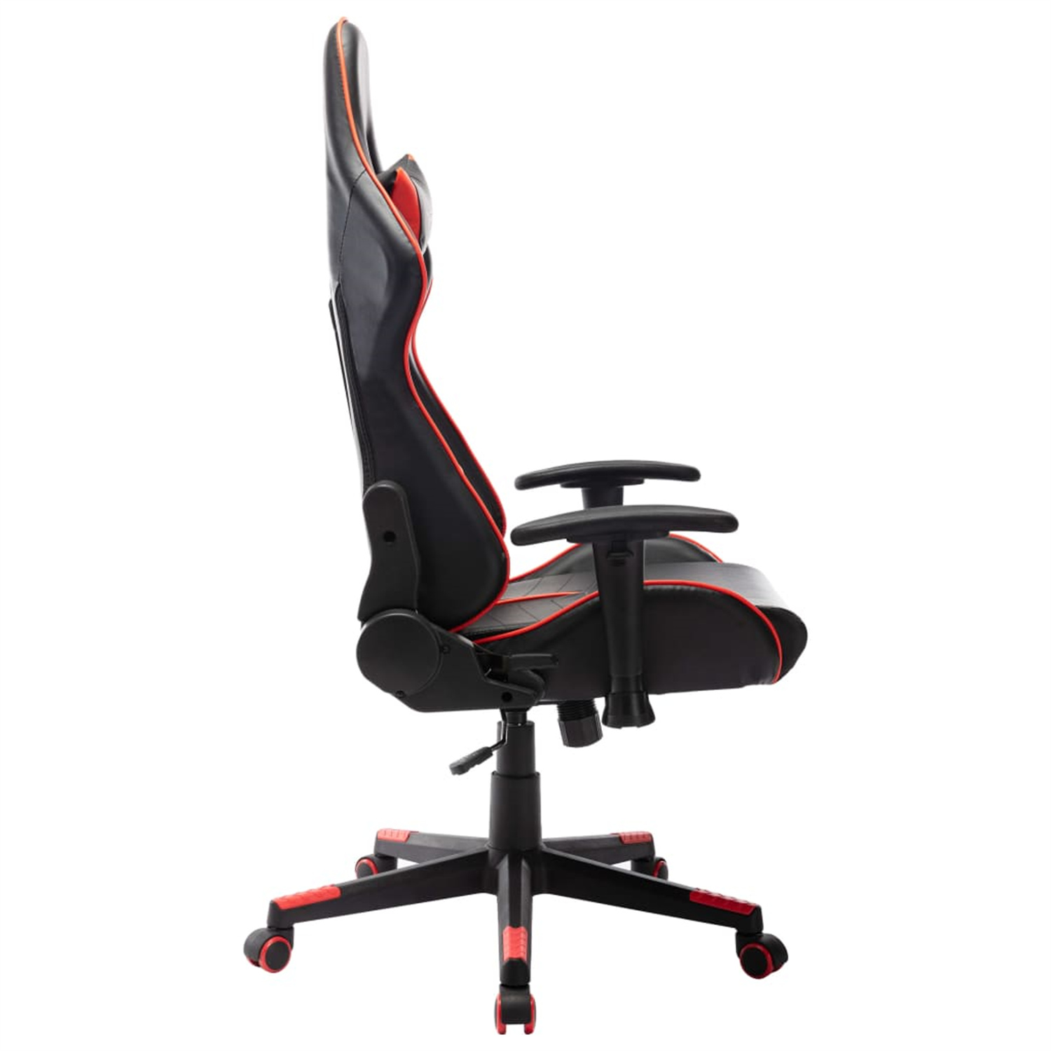 Ein Gaming-Stuhl im Profil, schwarz mit roten Akzenten, auf weißem Hintergrund.