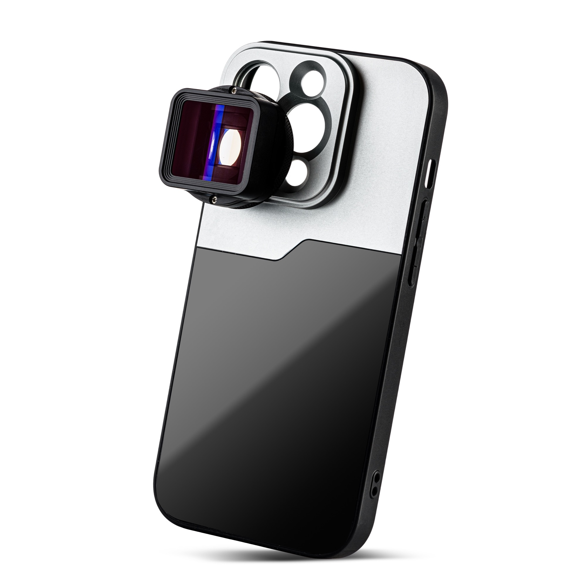 A black phone with a silver camera attachment. The camera lens is visible.