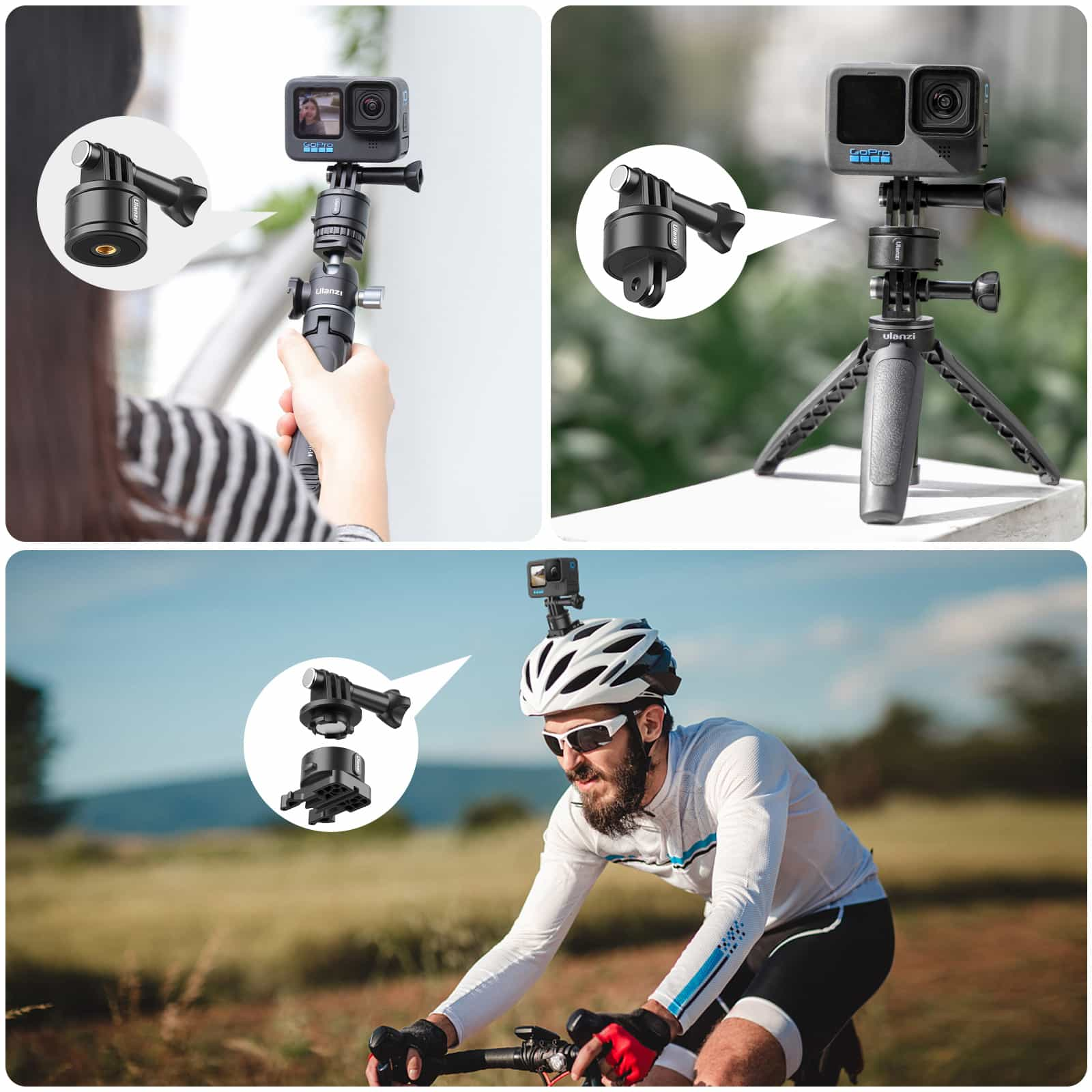 Multiple images showing a GoPro camera mounted on different accessories. A man rides a bike.