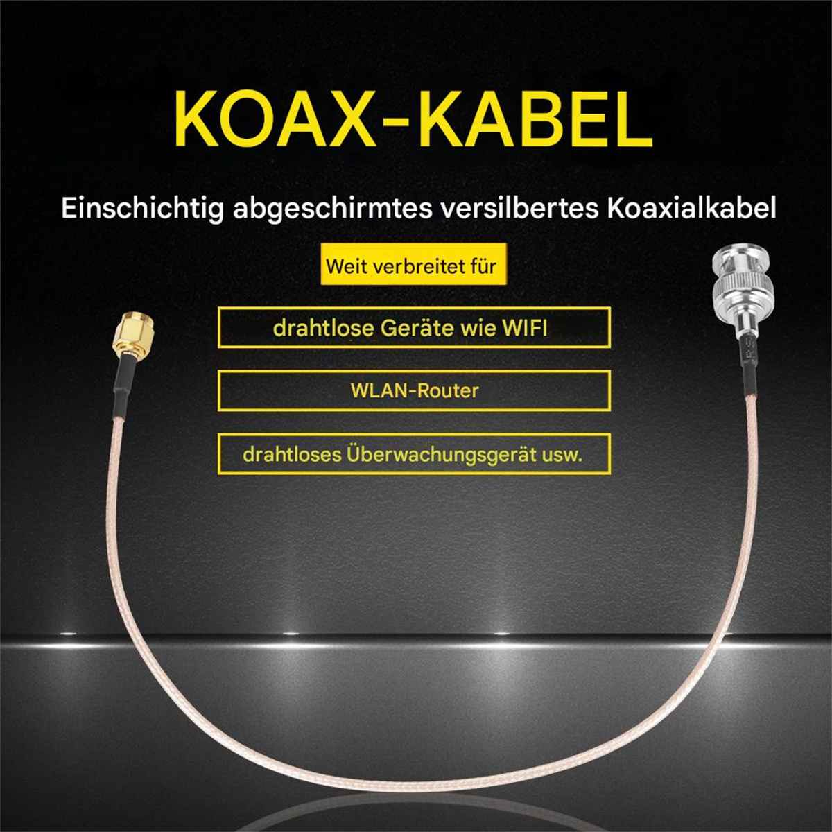 Ein Koax-Kabel mit verschiedenen Geräte-Symbolen. Text: Koax-Kabel, Einsicthig abgeschirmtes versilbertes Koaxialkabel.