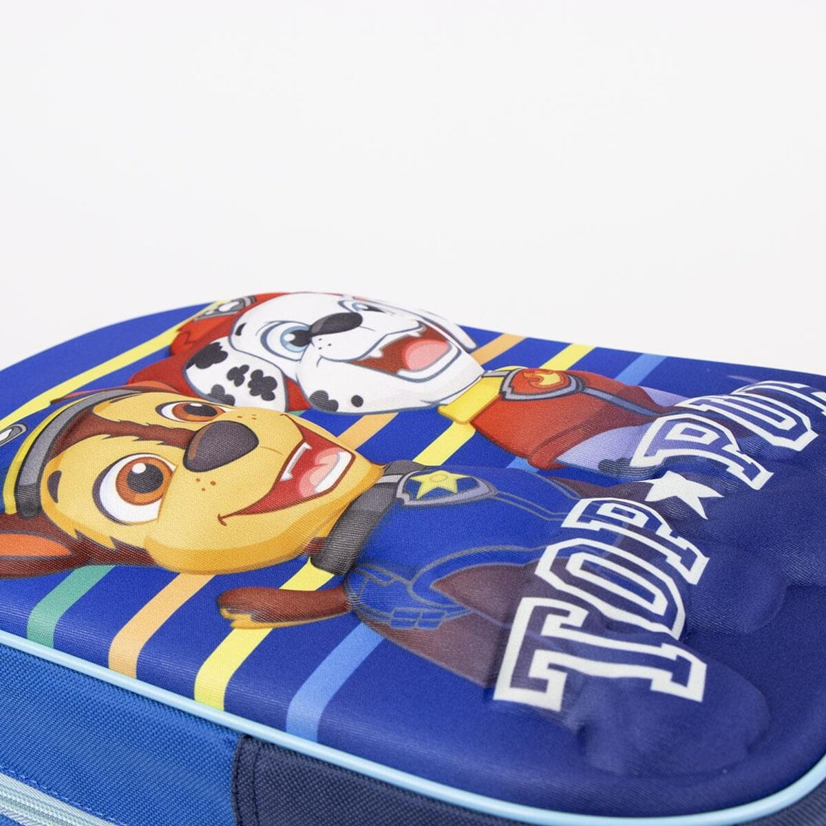 Blauer Rucksack mit Paw Patrol-Figuren, mit Chase und Marshall, und dem Text TOP PAW.