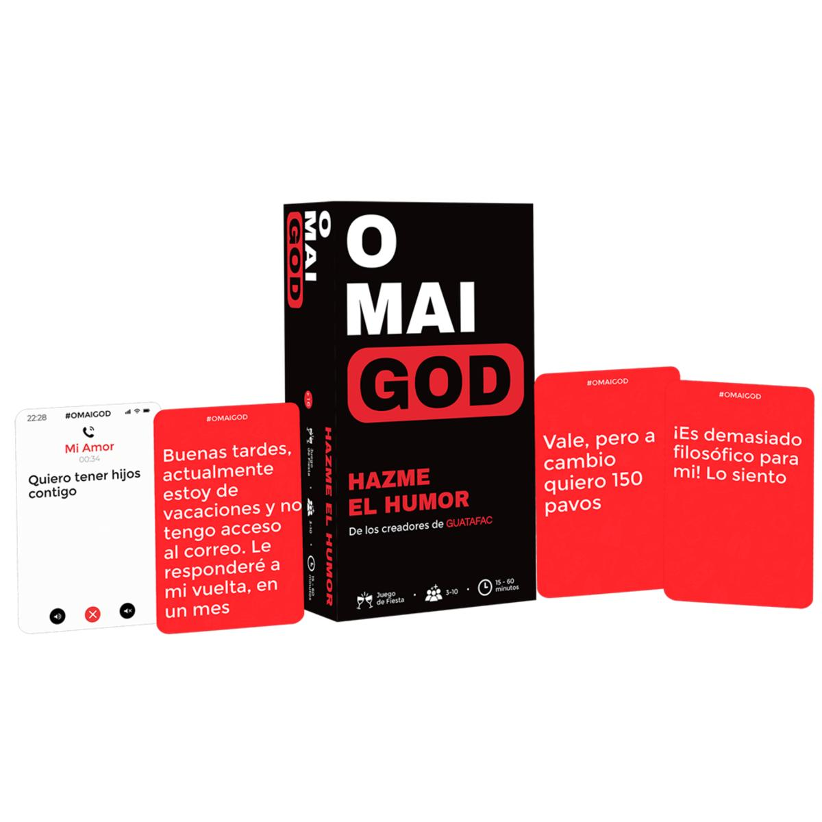 Caja de juego de cartas con cartas rojas, texto en español. Incluye teléfono.