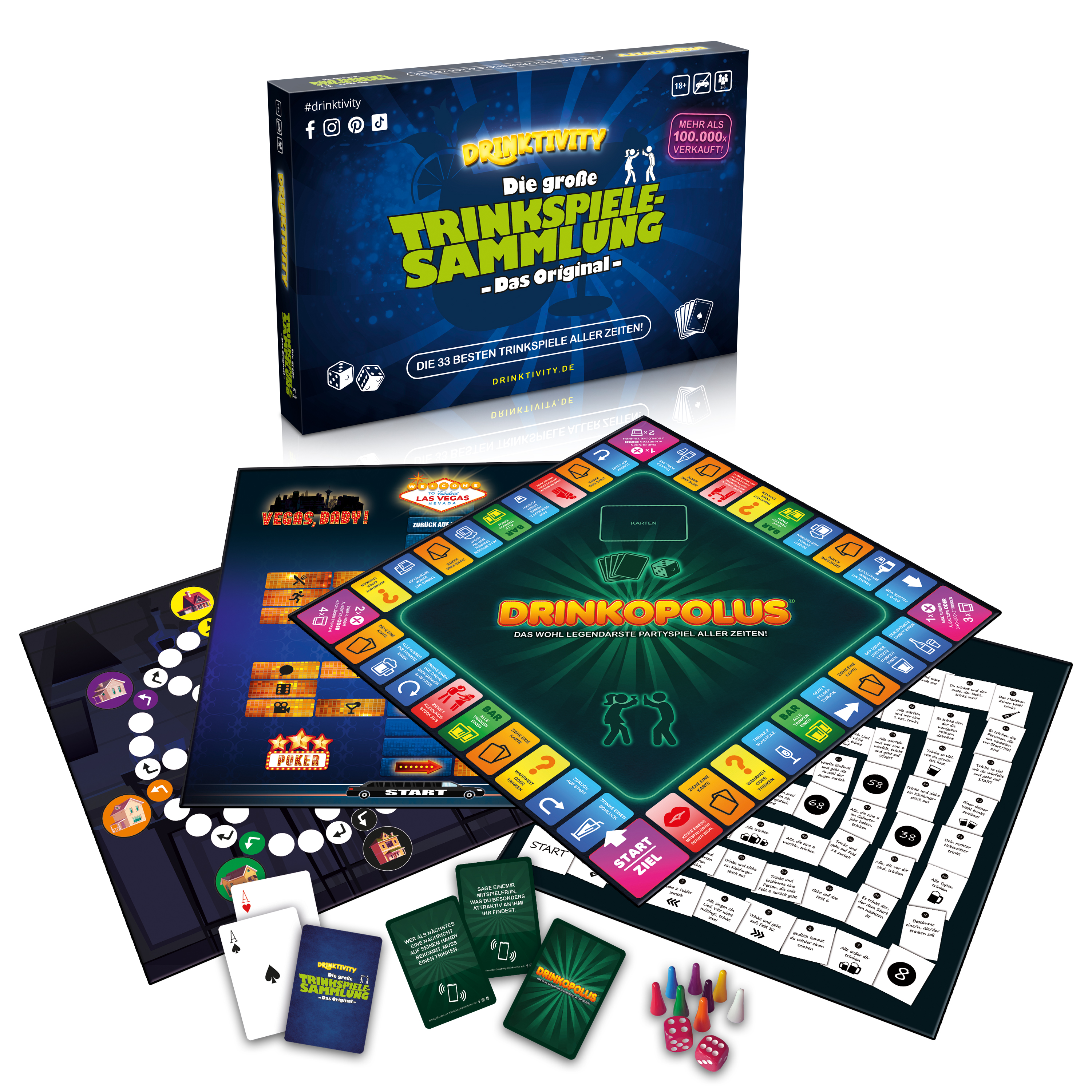Brettspielbox mit Spielbrettern, Karten, Würfeln und Spielfiguren. Text auf der Box: 'DRINKOPOLIS'.