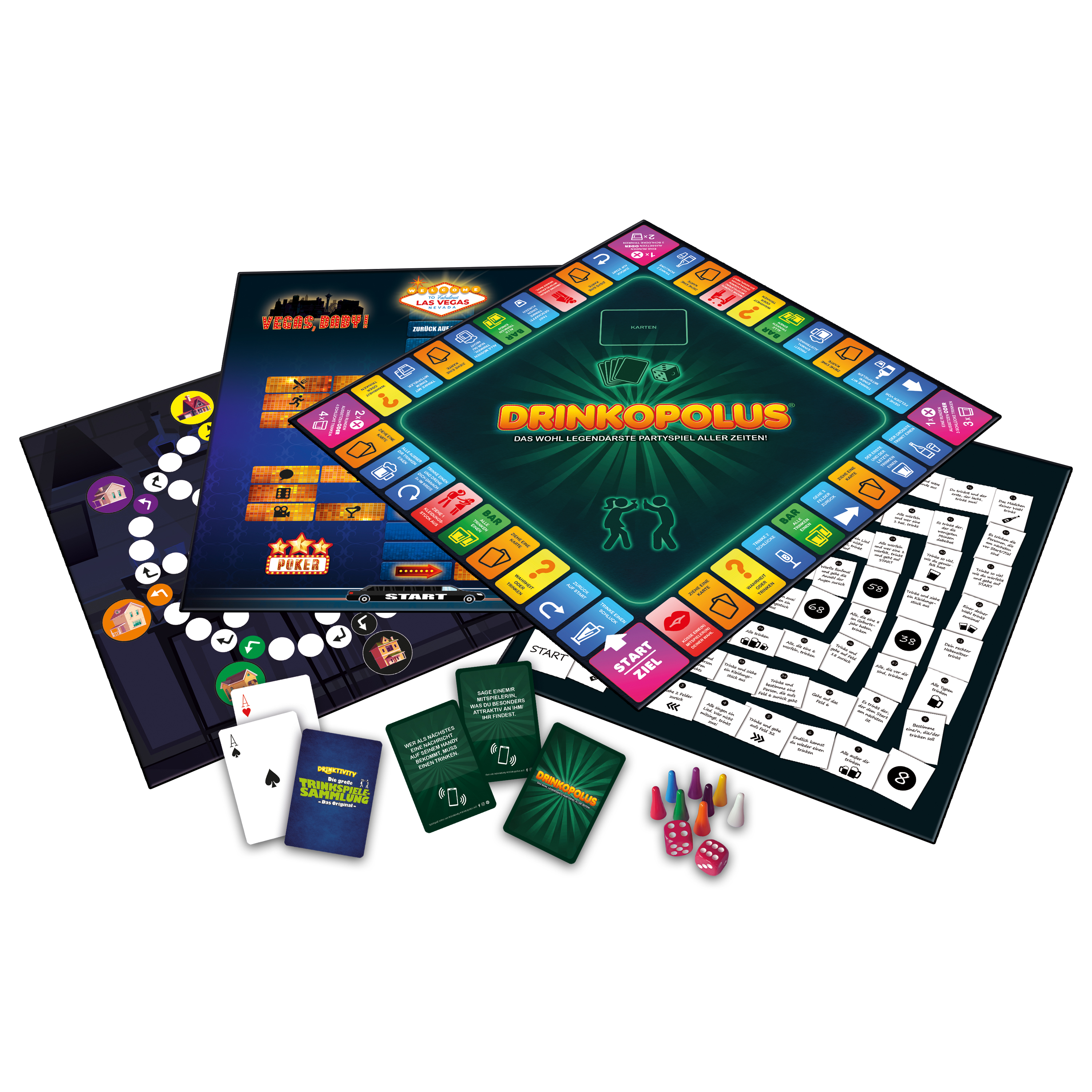 Verschiedene Brettspiele, Karten und Würfel sind auf einer weißen Oberfläche angeordnet. Das Spiel 'Drinkopolus' ist sichtbar.