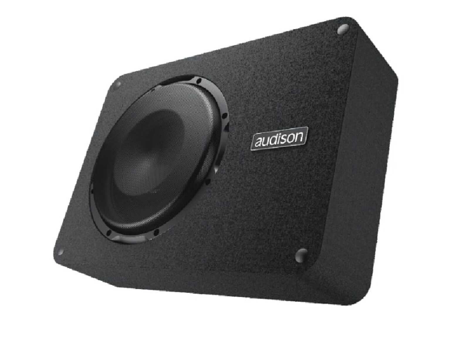 Schwarzer Subwoofer-Lautsprecher mit schwarzem Gitter auf weißem Hintergrund.