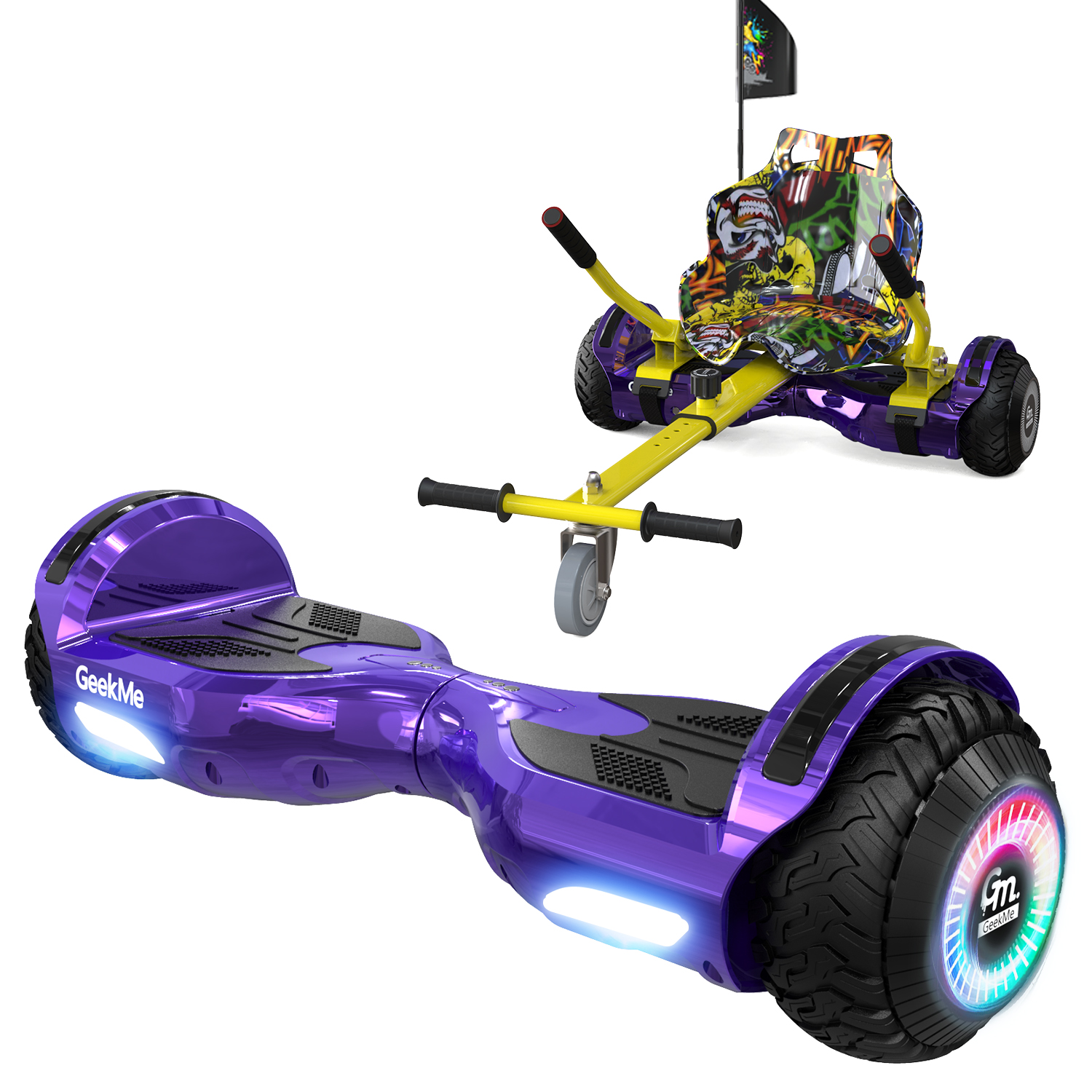 Hoverboard e kart viola con una bandiera.