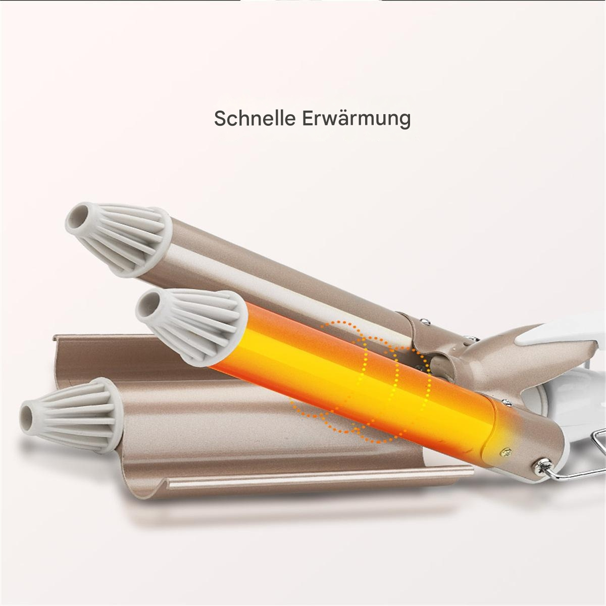 Haarcurler mit drei beheizten Lockenstäben, einer orange leuchtend. Text: Schnell Erwärmung.