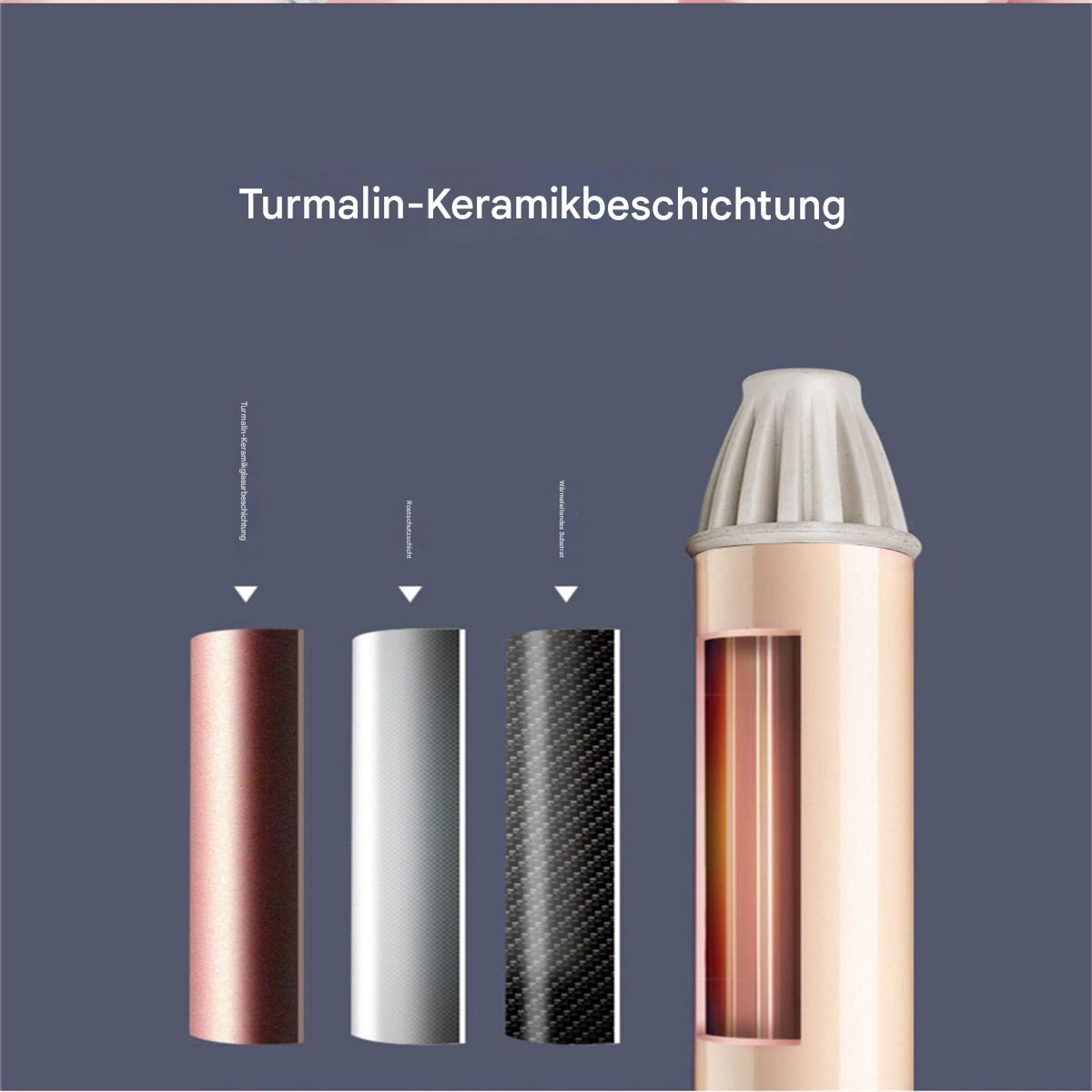Diagramm, das die Schichten eines Haarglätters zeigt: Turmalin-Keramikbeschichtung.