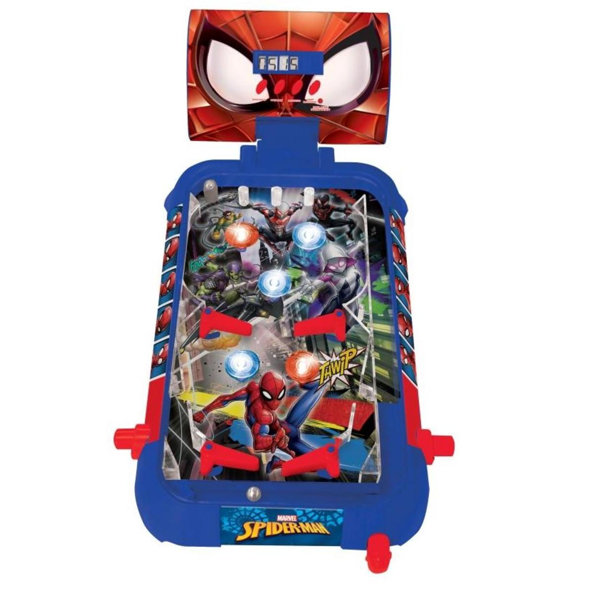 Spider-Man Flipperautomat mit blauem und rotem Design und Spider-Man-Grafiken.
