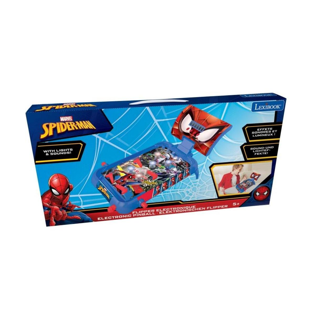Eine Spider-Man Flipperkasten-Box, die das Spiel zeigt. Die Box hat helle Farben und Grafiken.