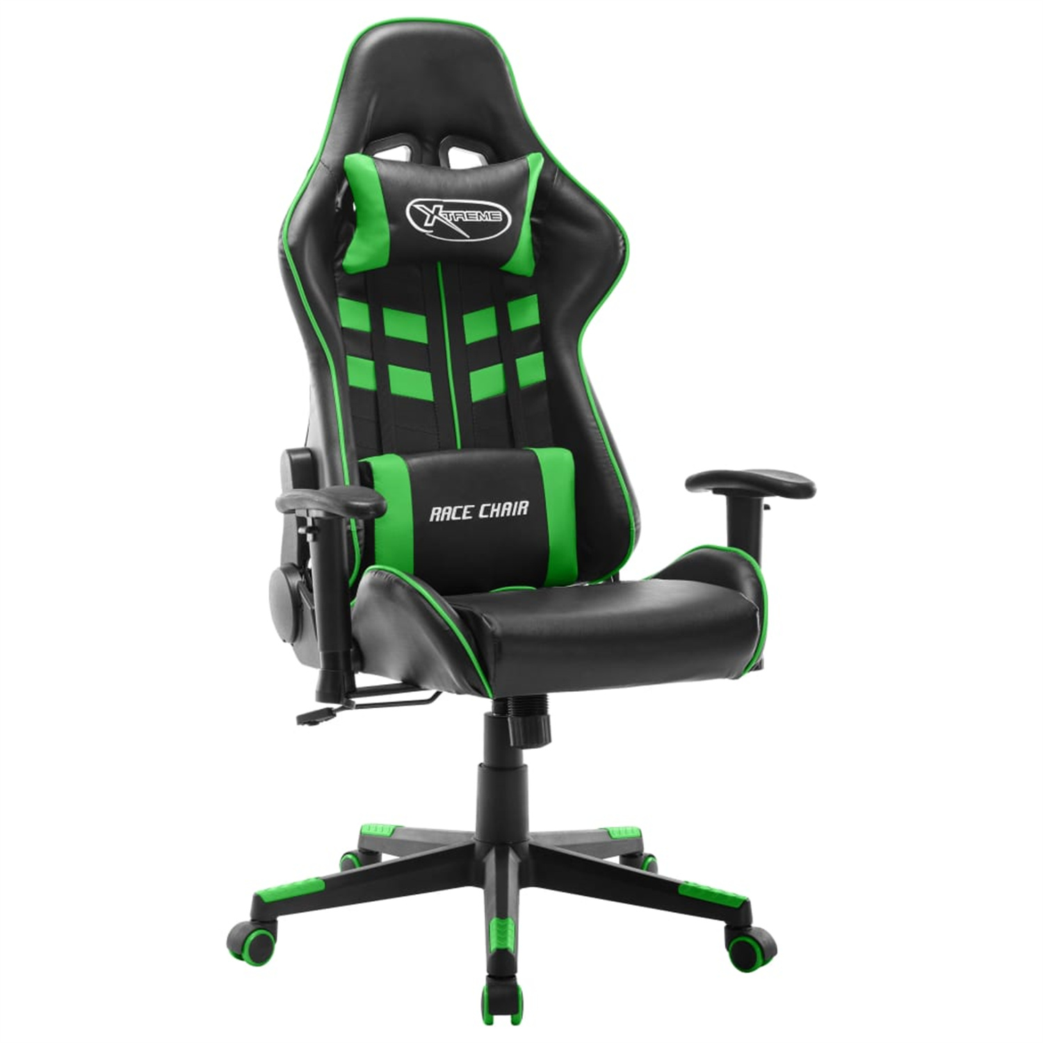Schwarzer und grüner Gaming-Stuhl mit Kopfstütze und grünem Logo auf weißem Hintergrund.