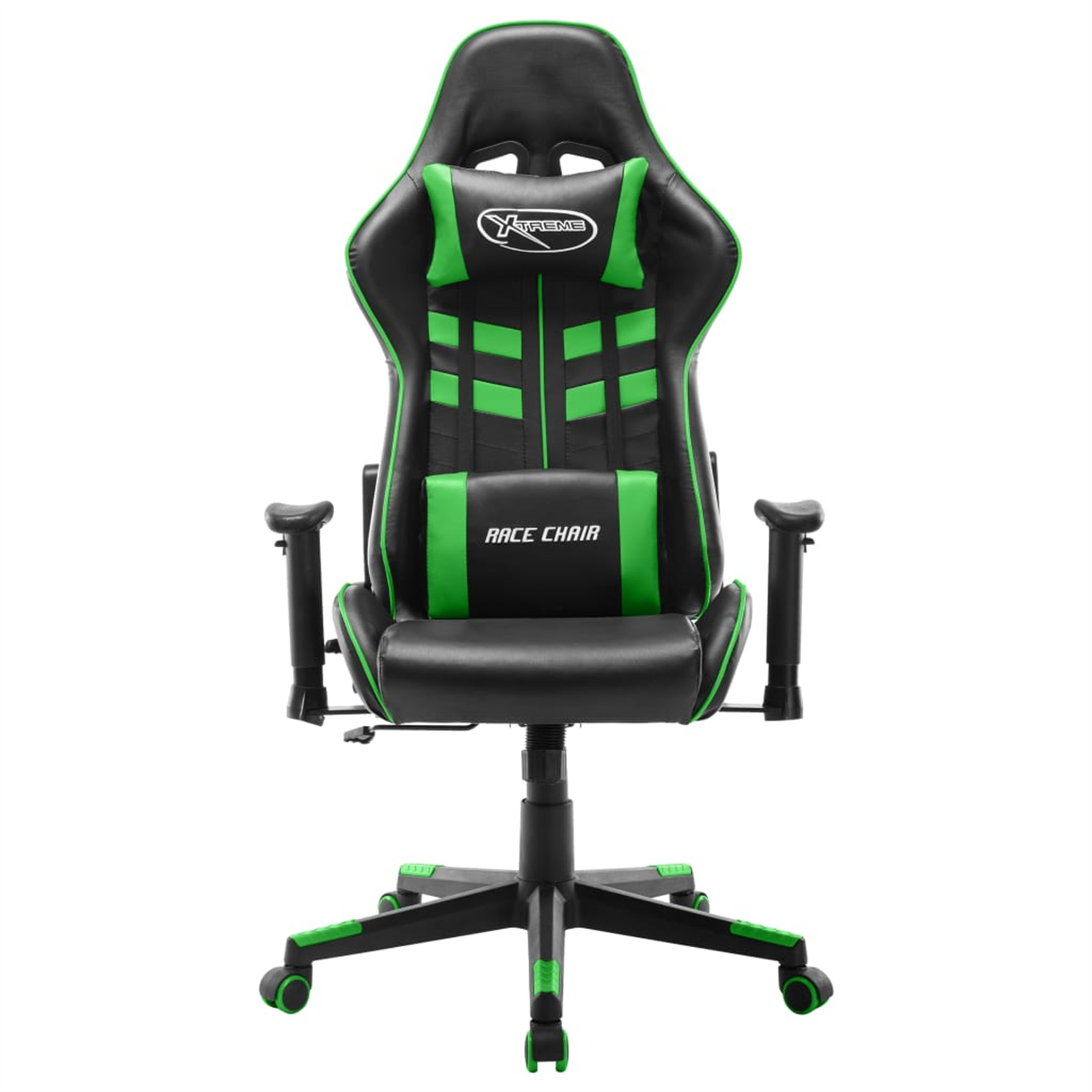 Ein schwarzer Gaming-Stuhl mit grünen Akzenten wird gezeigt. Er hat eine Kopfstütze, eine Rückenlehne und Armlehnen.