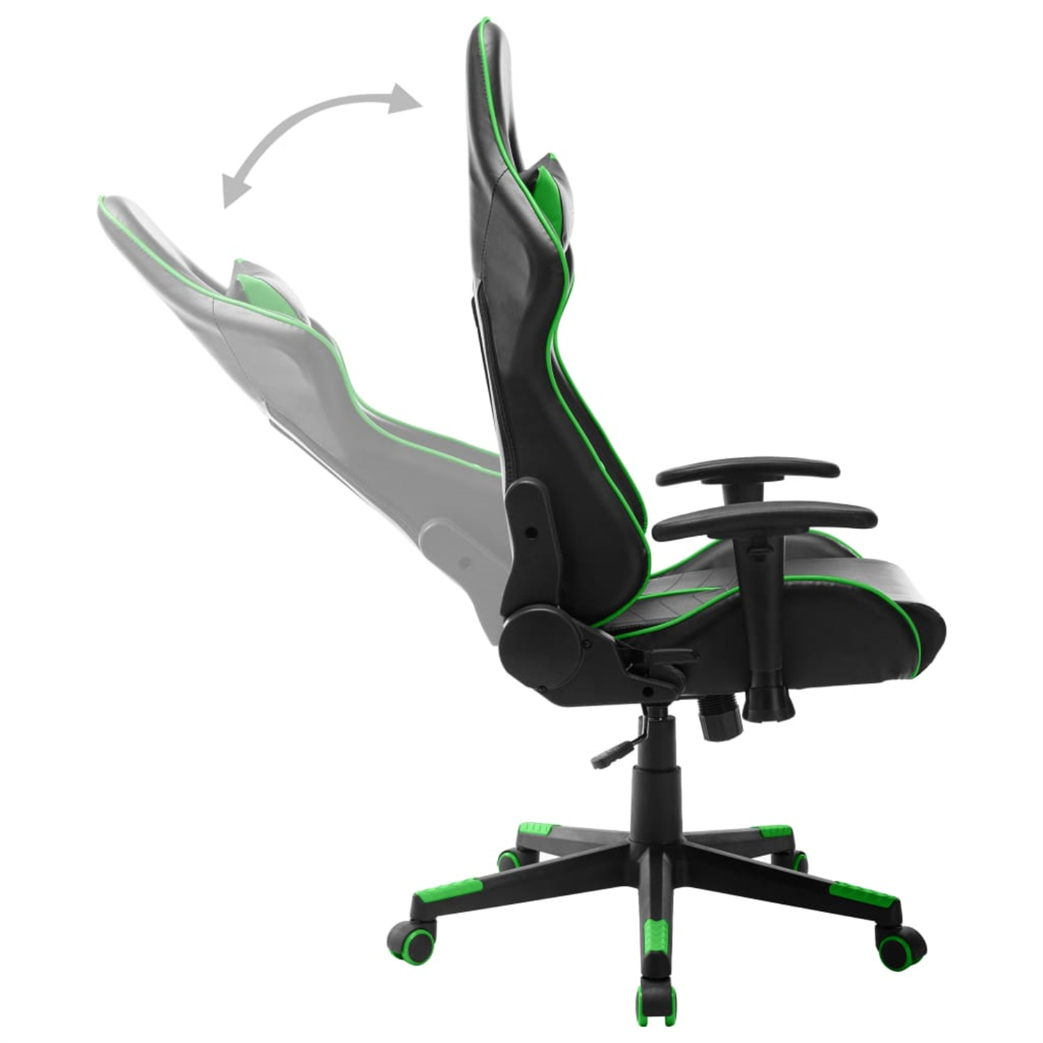 Schwarzer und grüner Gaming-Stuhl mit verstellbarer Rückenlehne, die ihren Bewegungsbereich zeigt.