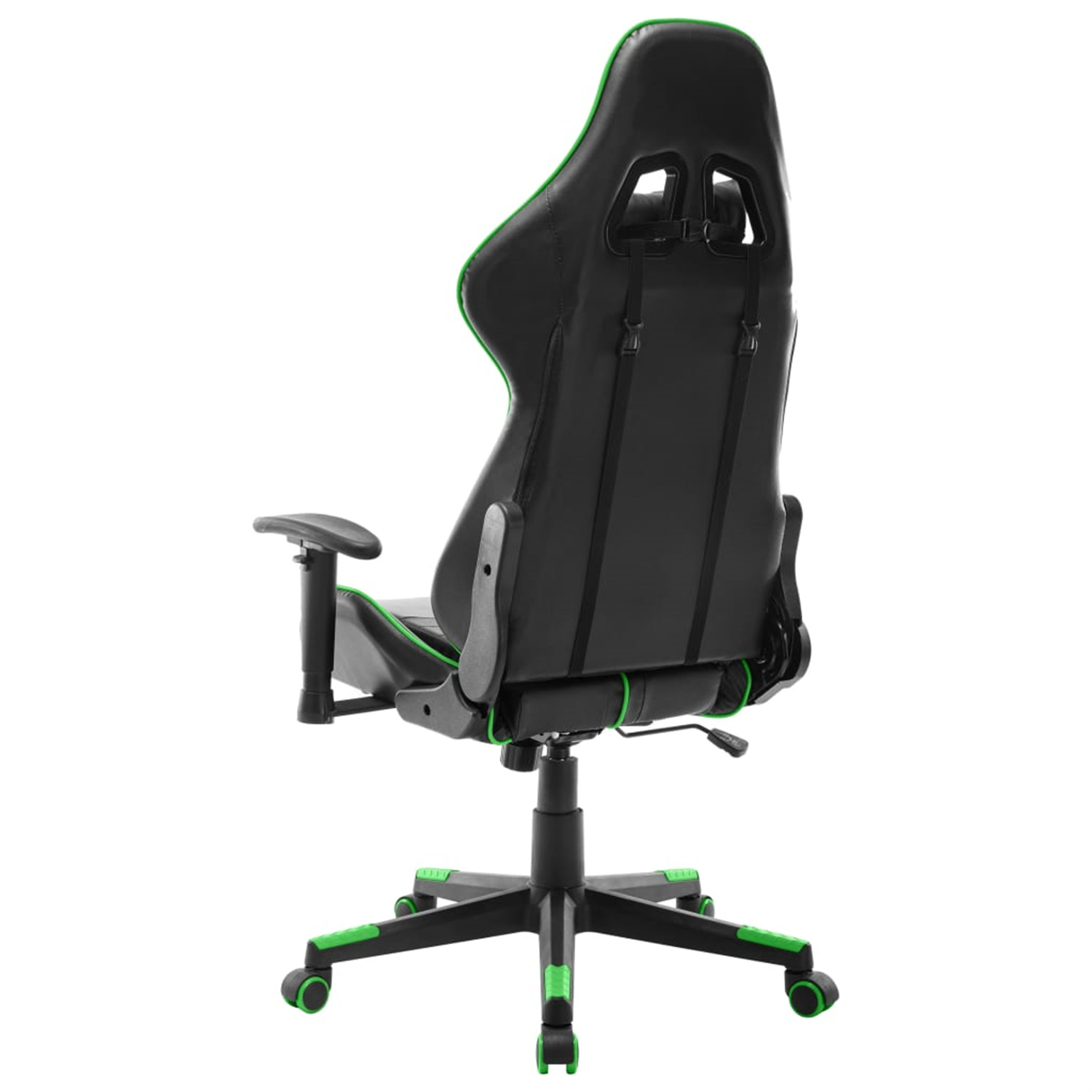 Ein schwarz-grüner Gaming-Stuhl wird von hinten gezeigt.