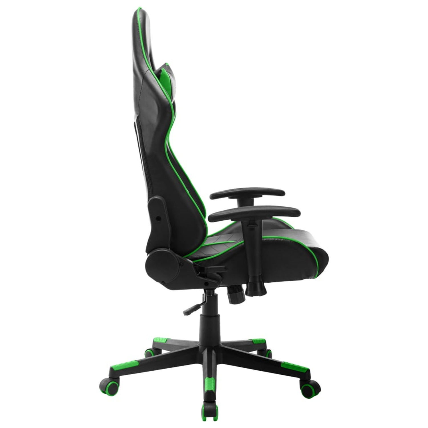 Schwarzer und grüner Gaming-Stuhl, Seitenansicht, zeigt Design und Details des Stuhls.