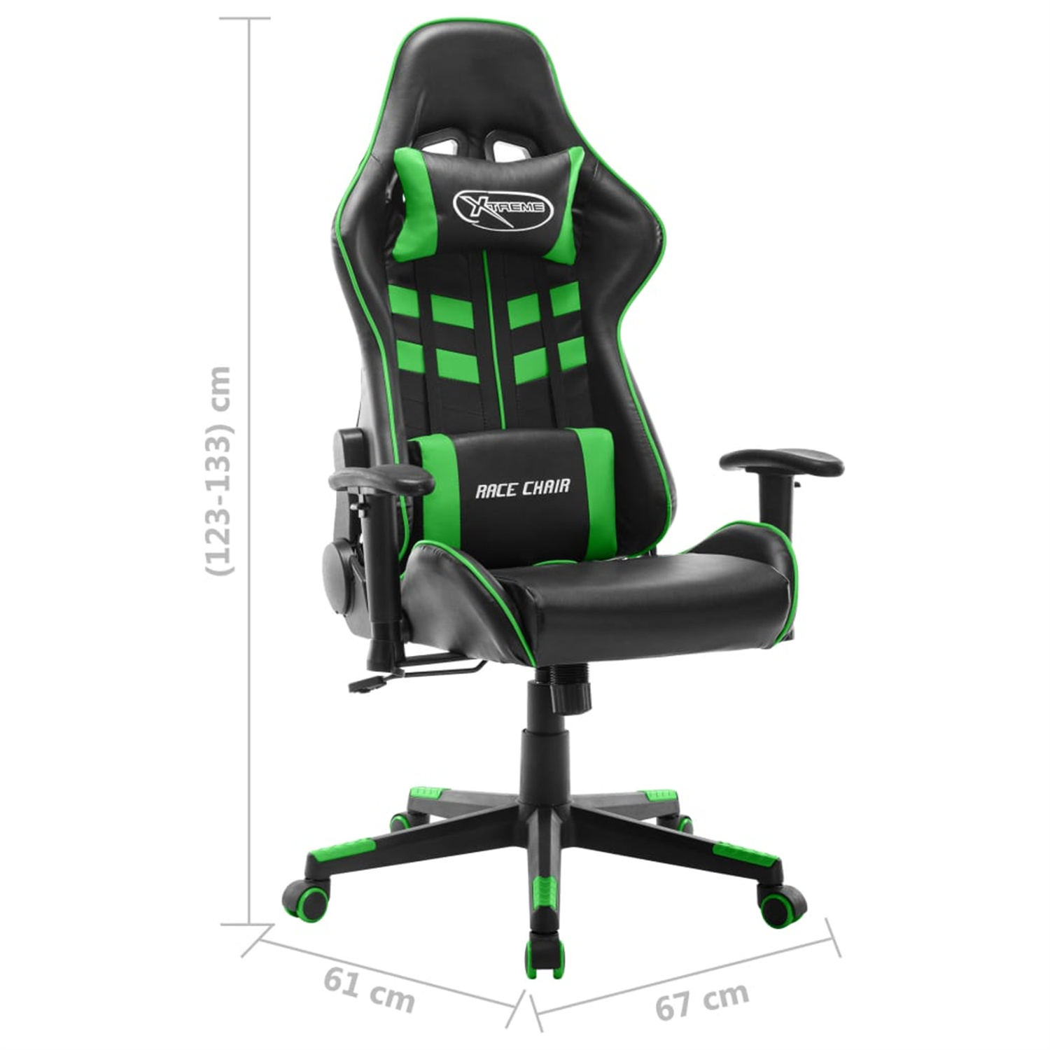 Ein schwarz-grüner Gaming-Stuhl im Rennstil mit Maßen und einer schwarzen Fünf-Sterne-Basis.