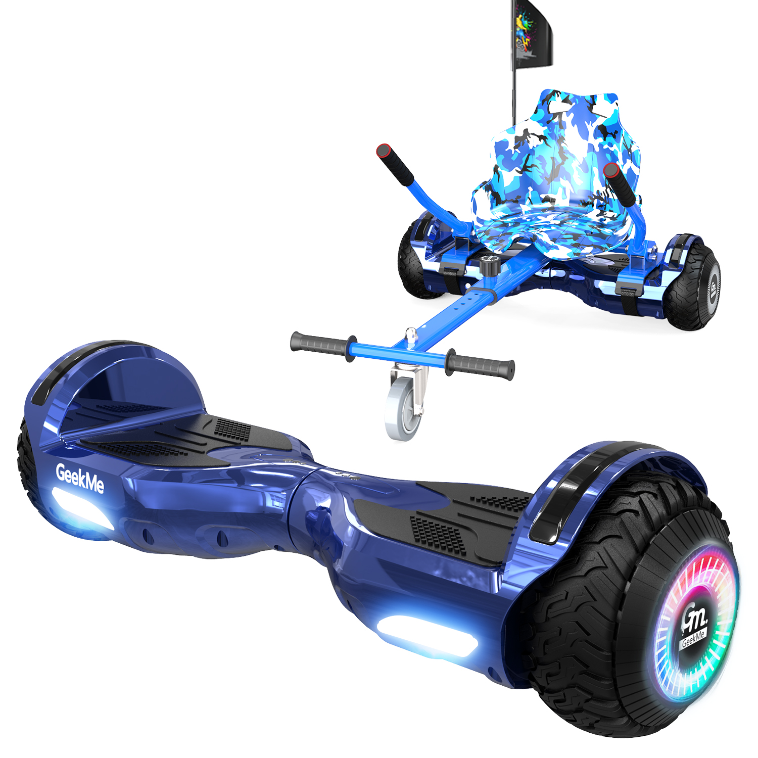 Hoverboard e kart blu, entrambi con un design mimetico blu. Uno sfondo in bianco e nero.