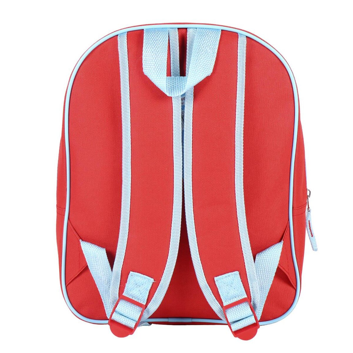 Mochila roja con correas y ribetes azul claro. La parte trasera de la bolsa es visible.