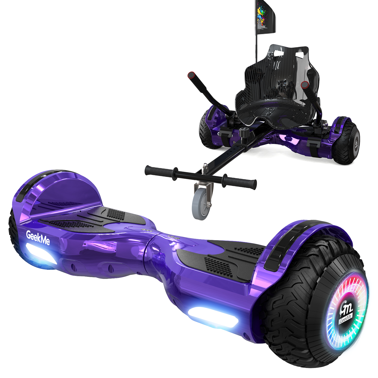 Un hoverboard viola con sedile e bandiera.