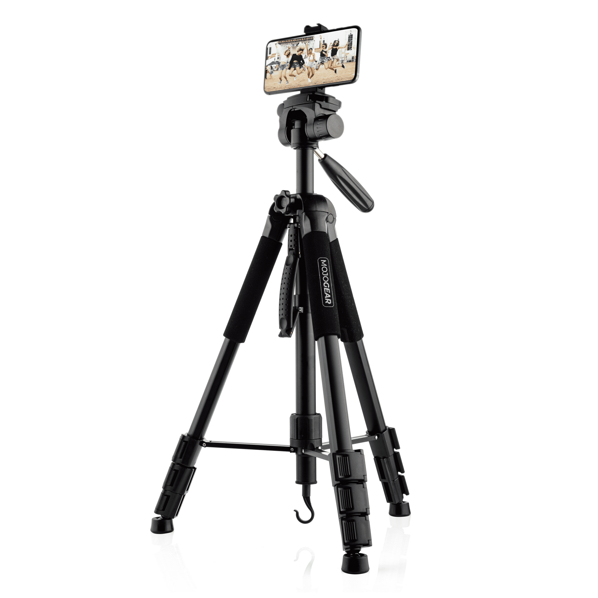A black tripod with a phone attached, the phone displaying a video. The tripod stands on a white surface.