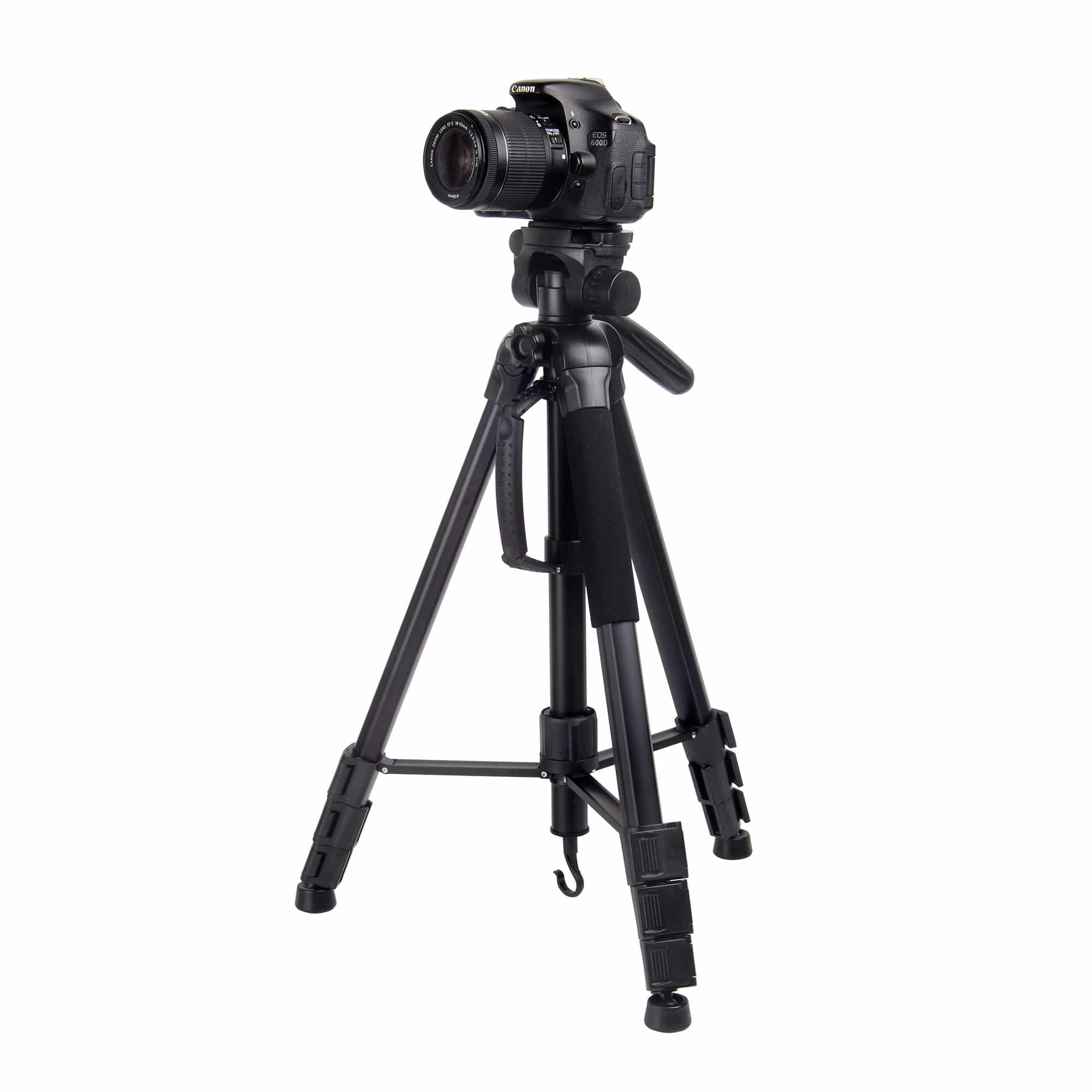 Black camera on a tripod. The tripod has three legs. The camera has a lens.