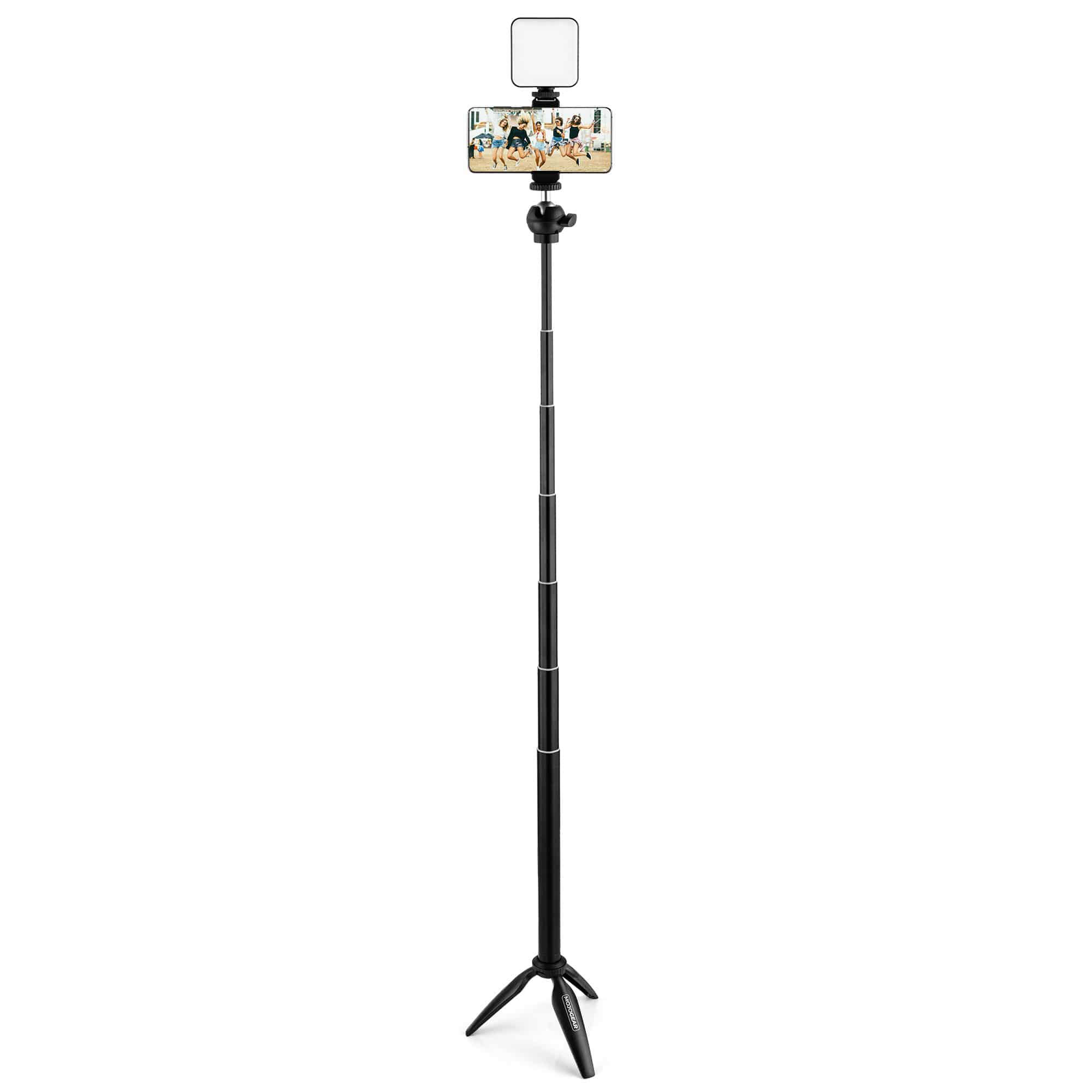 A black tripod with a phone and light attached. The phone shows a group of people.