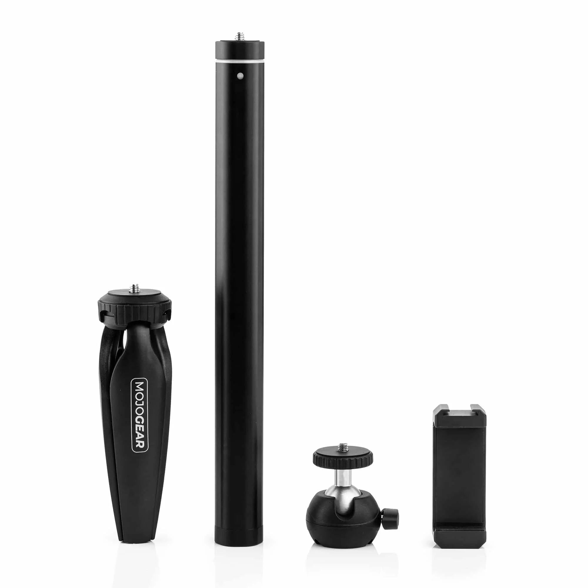 A set of black tripods and accessories, including a mini tripod and a phone holder.