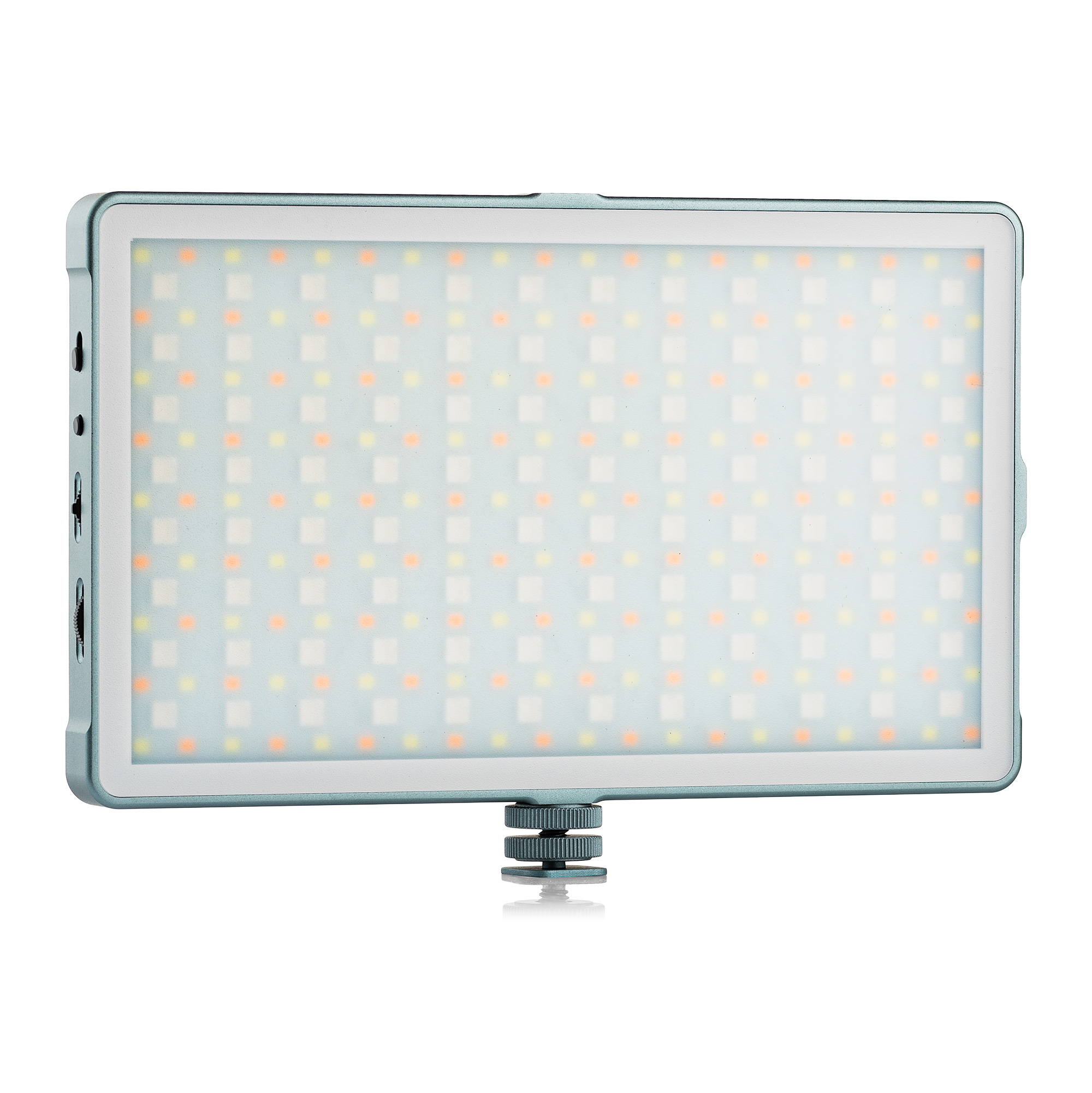 A rectangular LED video light with a metal frame, lit with a grid of multi-colored lights.