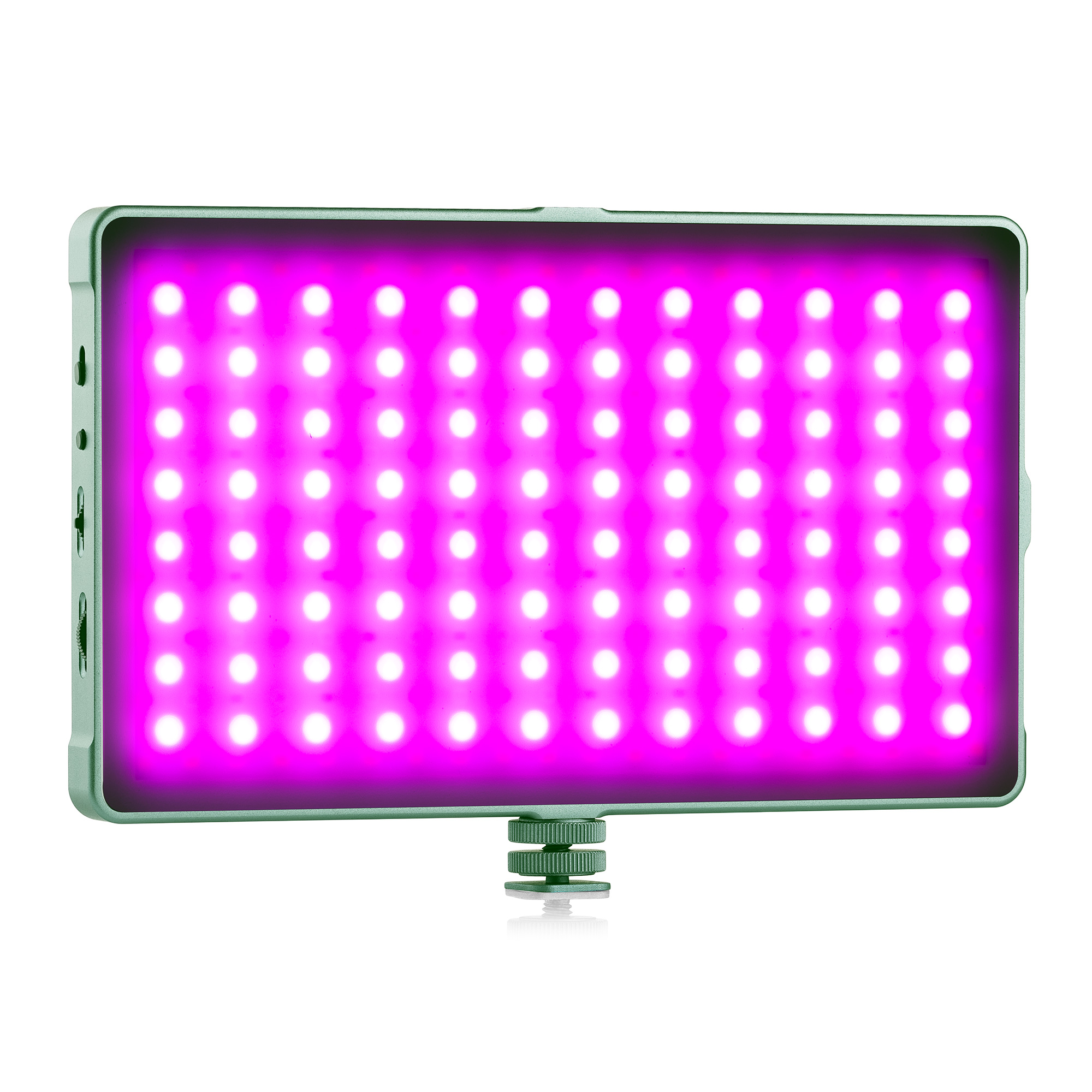 A rectangular LED light panel emitting bright pink light, with a mounting screw.
