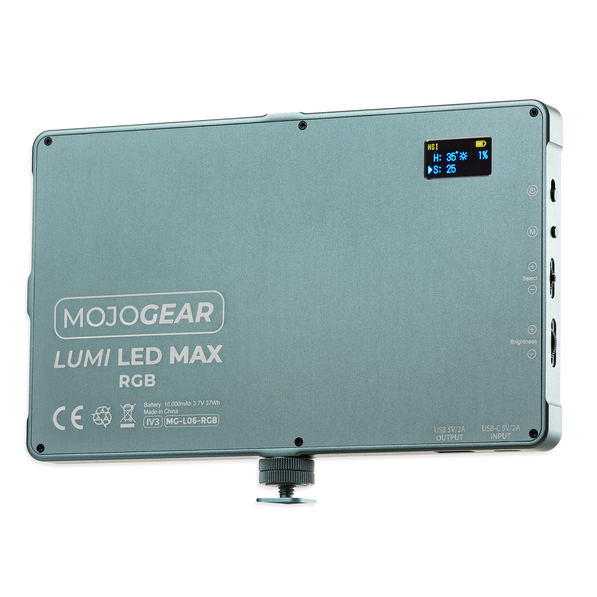 A teal LED light with a screen displaying settings. Has buttons and ports. White background.