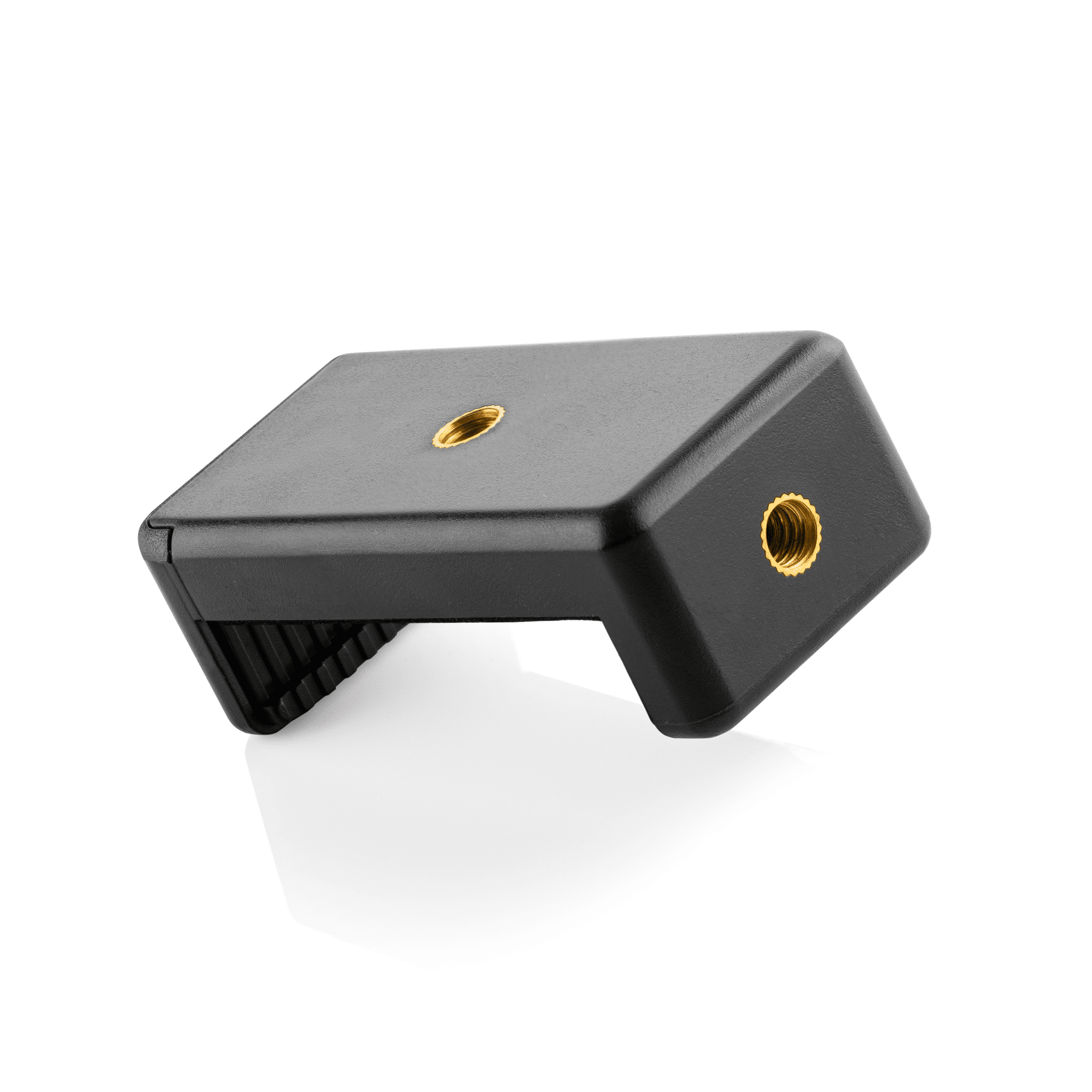 Black, angled camera mount. It has a gold screw thread and a flat surface.