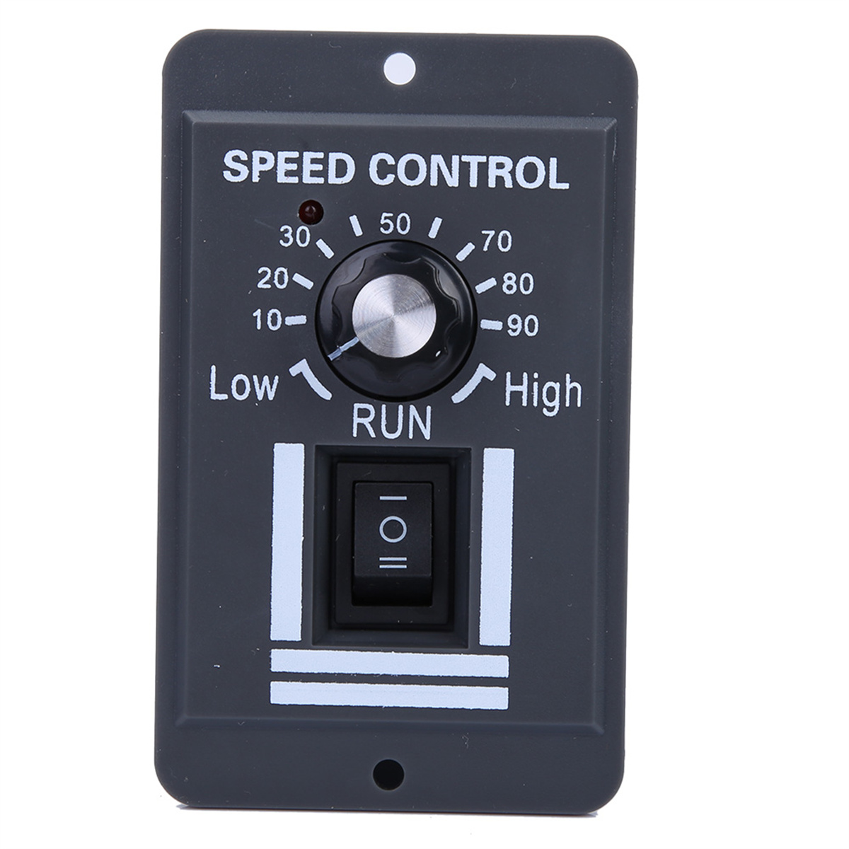 Graue Drehzahlregelung mit Drehknopf, Schalter und Text 'SPEED CONTROL' und 'RUN'.
