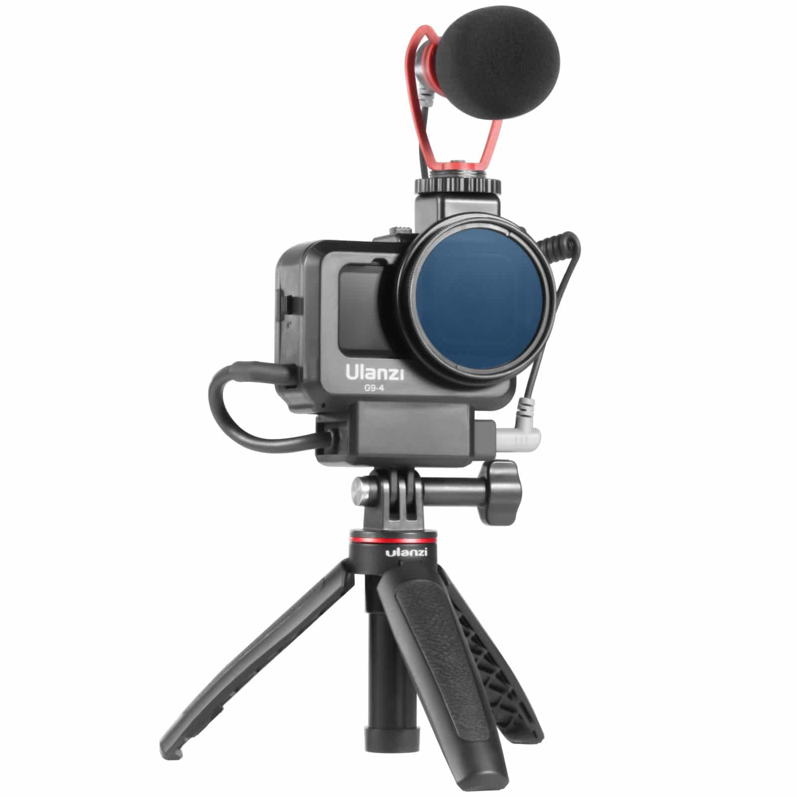 Aparat na statywie z mikrofonem, filtrem i czerwonym kablem.