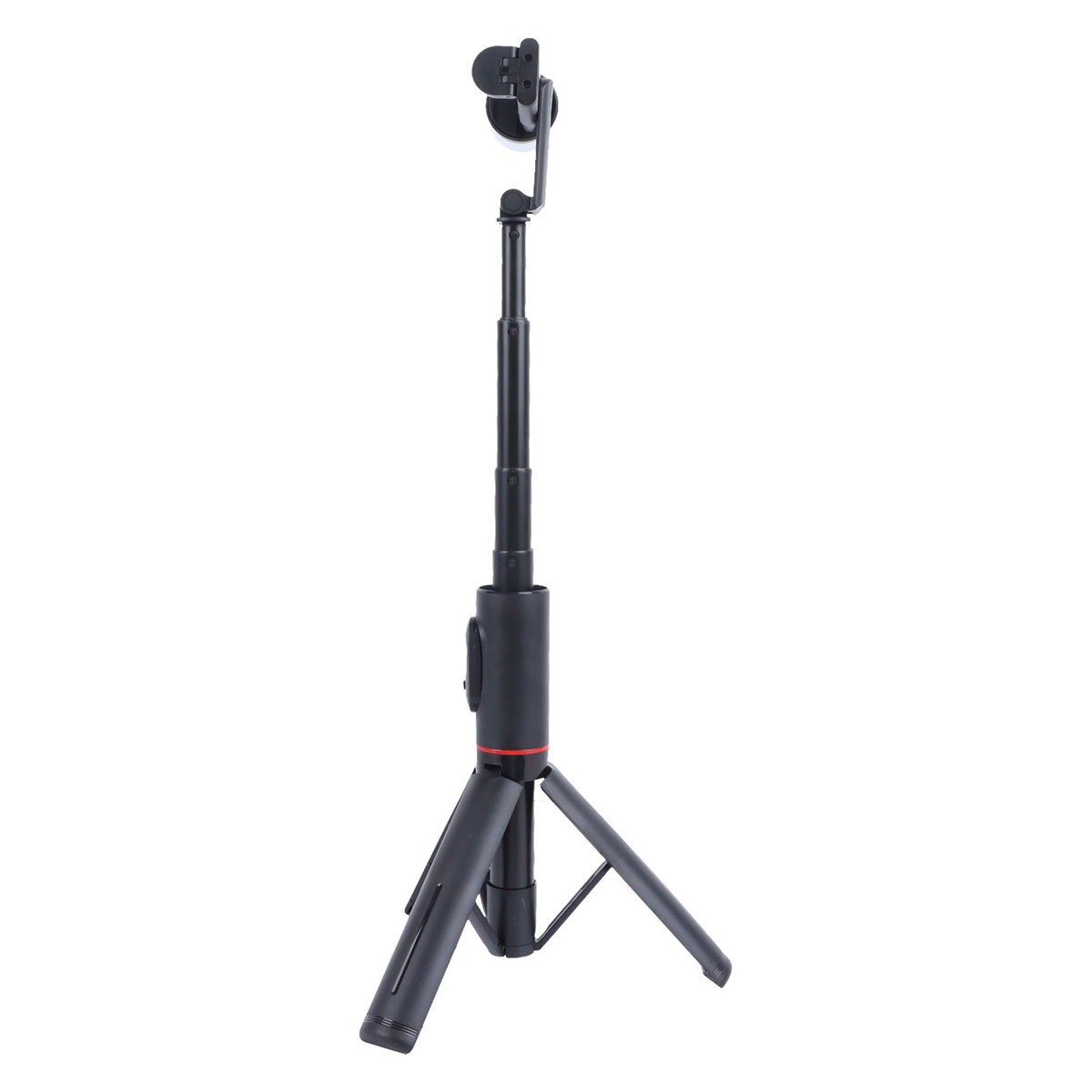 Ein schwarzes Selfie-Stick-Stativ. Es ist ausgezogen und einsatzbereit.
