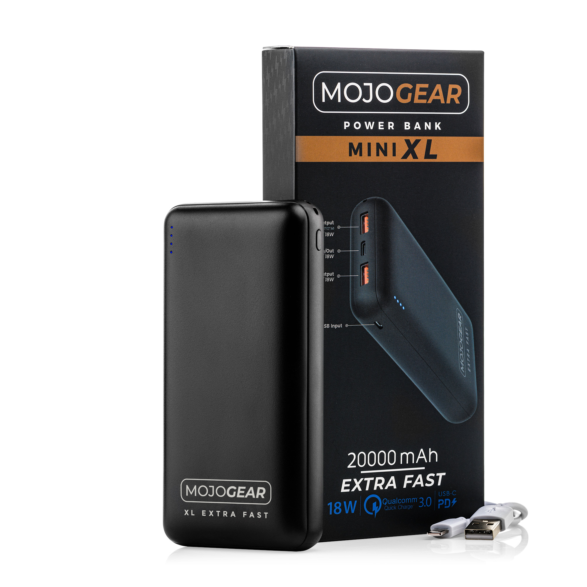 Zwarte powerbank met doos, met poorten en specificaties voor snel opladen.
