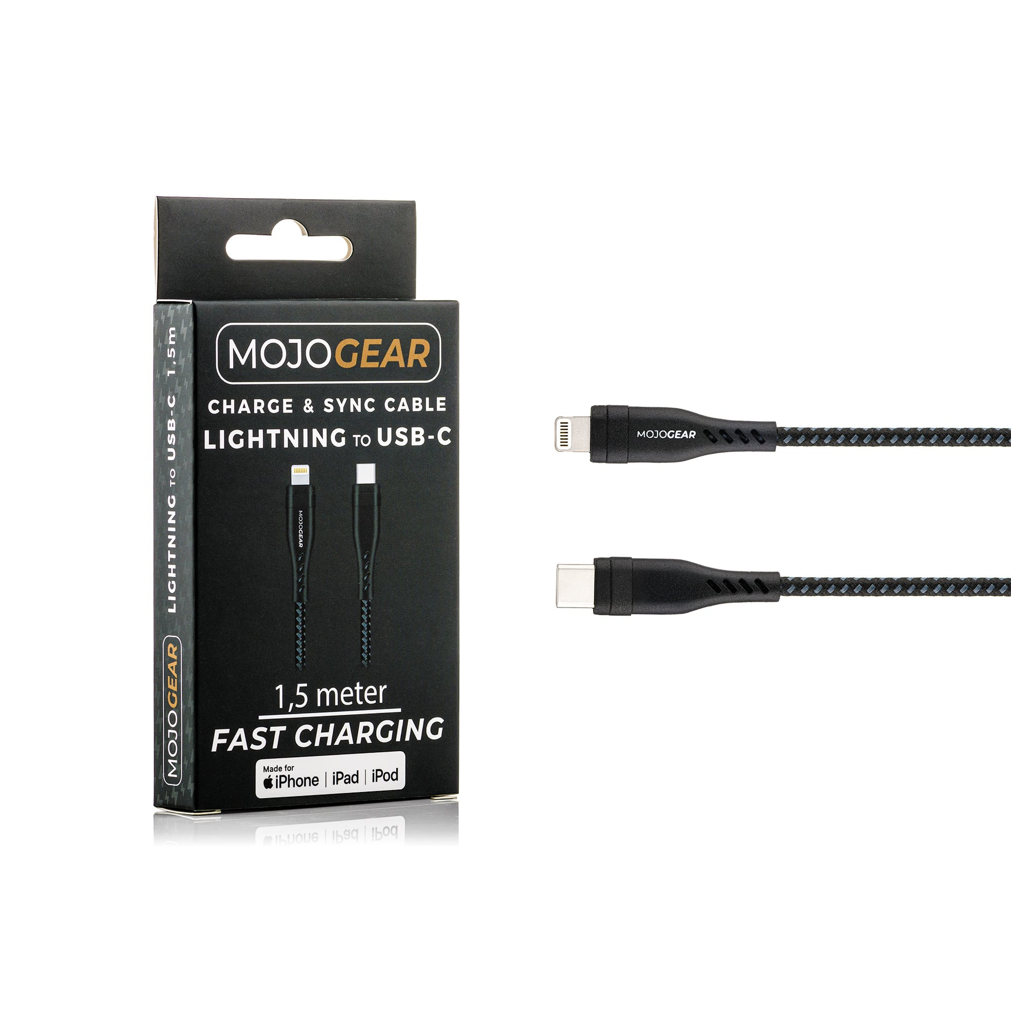 Une boîte de câble MojoGear en noir et blanc et un câble. Le câble a une connexion Lightning vers USB-C.