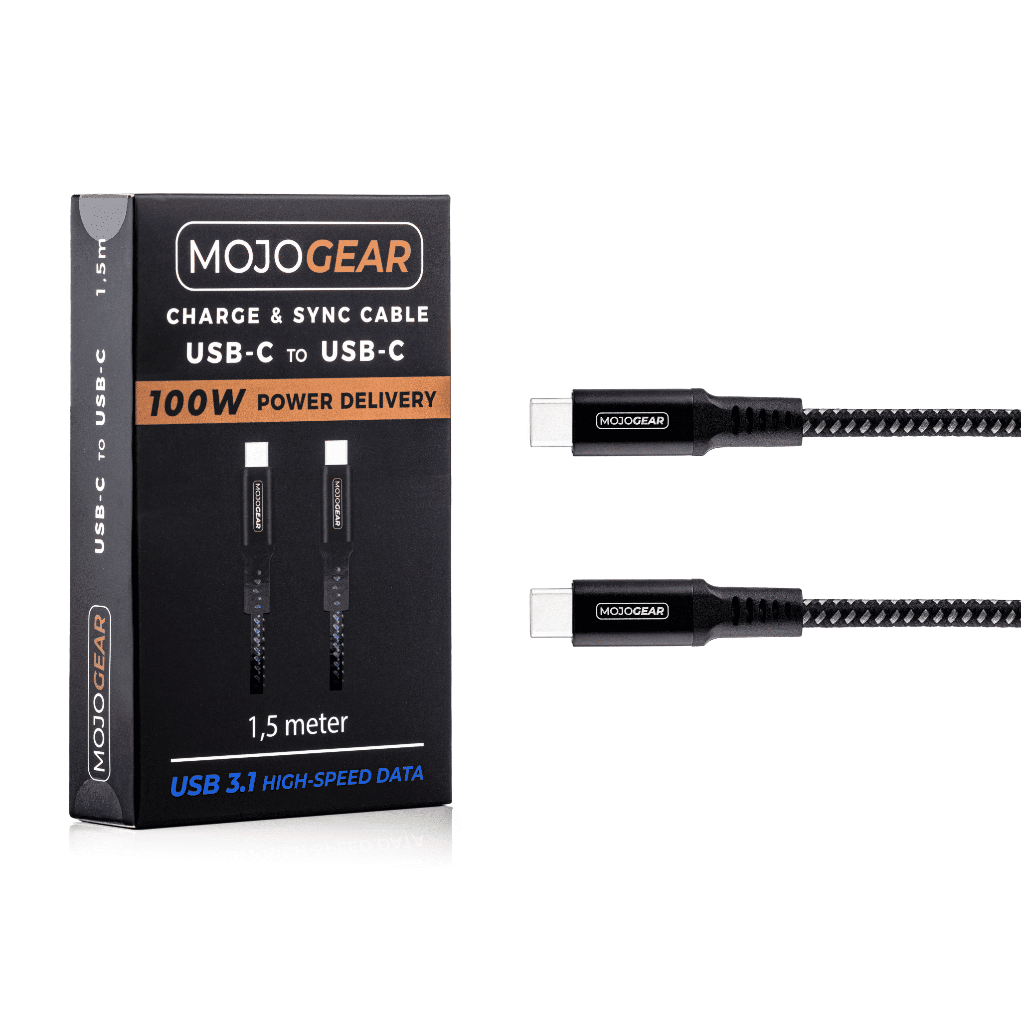 Een zwarte doos met het 'MOJOGEAR' logo en een USB-C kabel. Het product is 1,5 m lang en ondersteunt 100W stroomvoorziening.