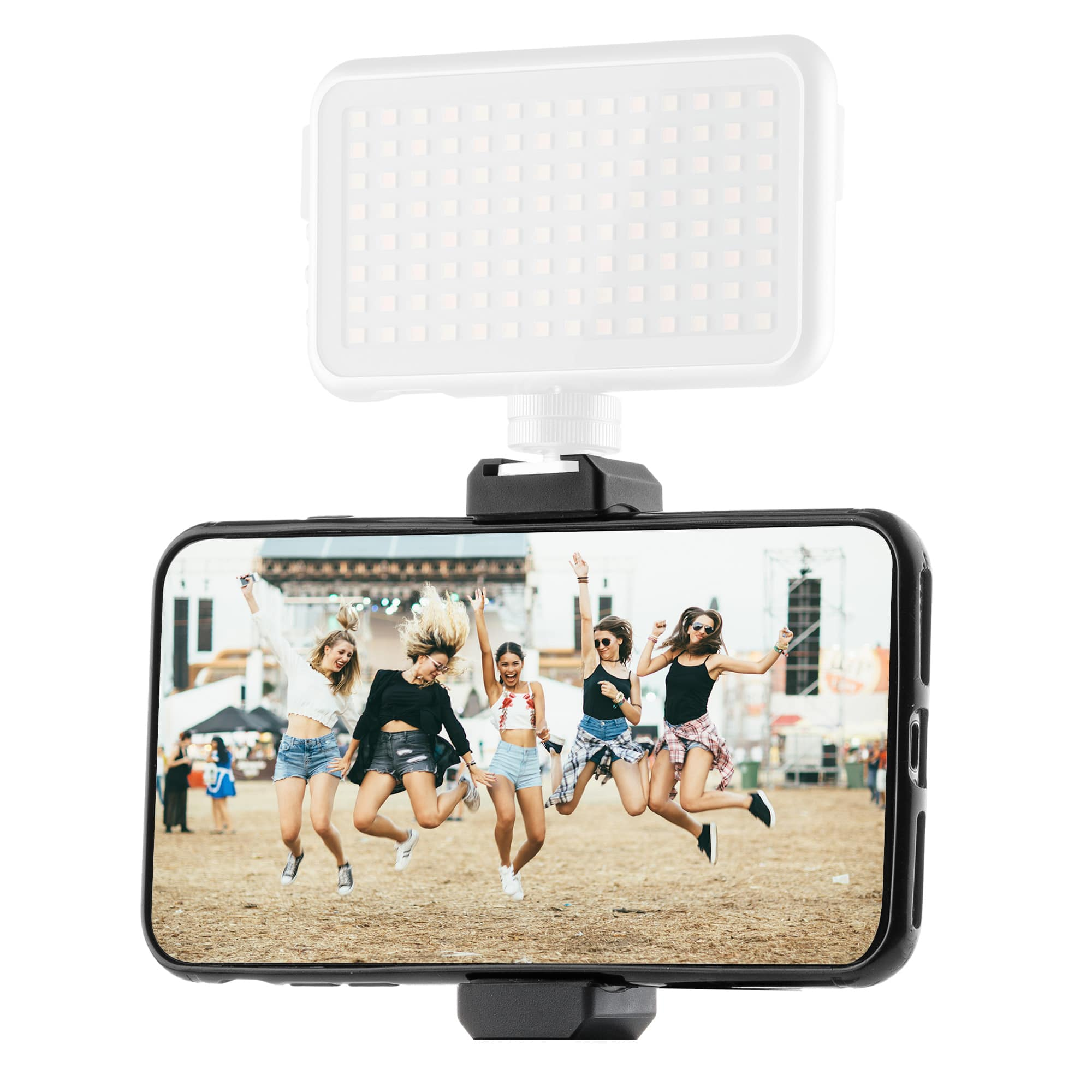 A mobile phone with a screen showing people jumping. A light is on top.